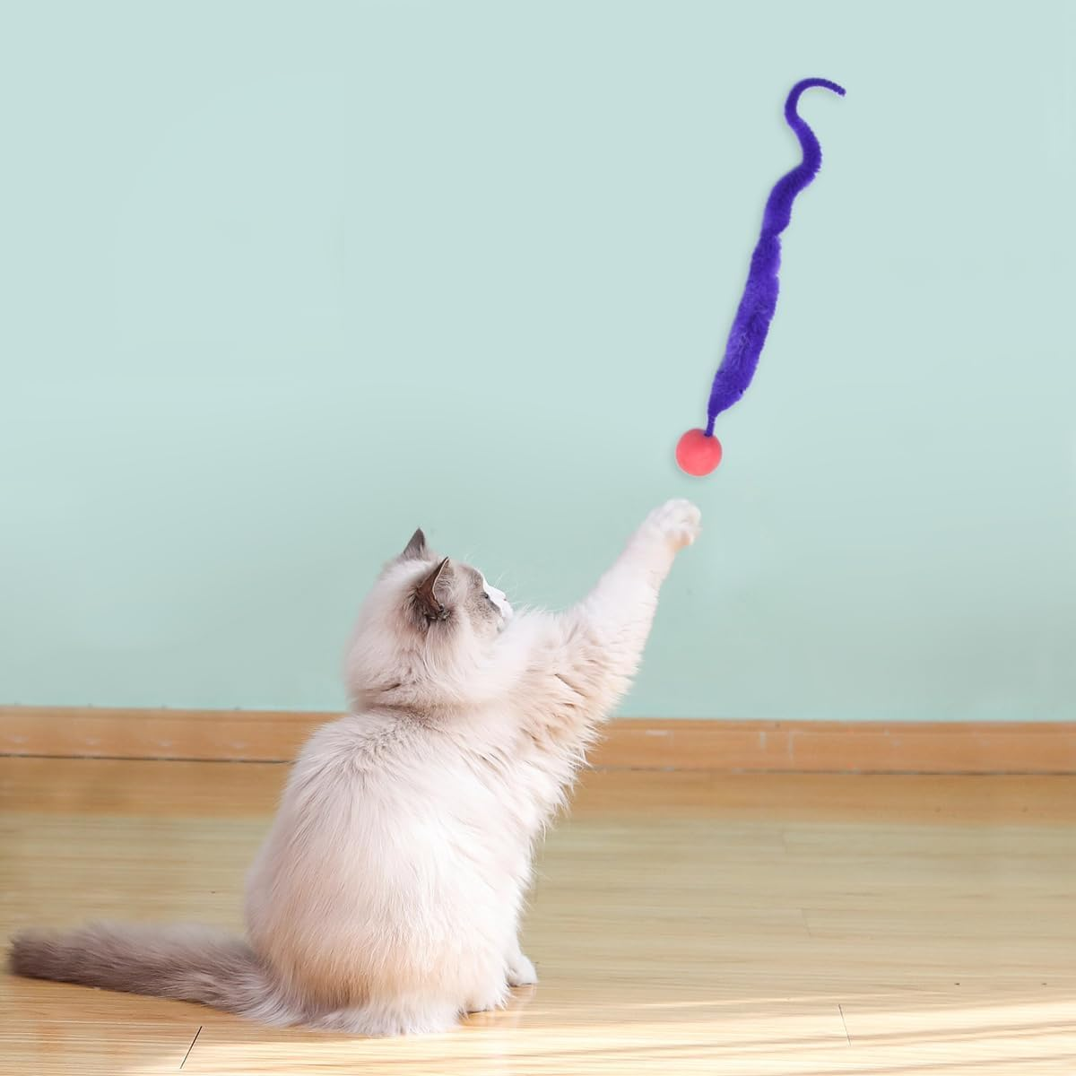 Green Interactive Toy for Cats Colourful Funny Training Long Tail Ball Cat Toy Indoor Scratcher Fun Pet Toy Bouncy Ball Worm Cat Toy image number 2