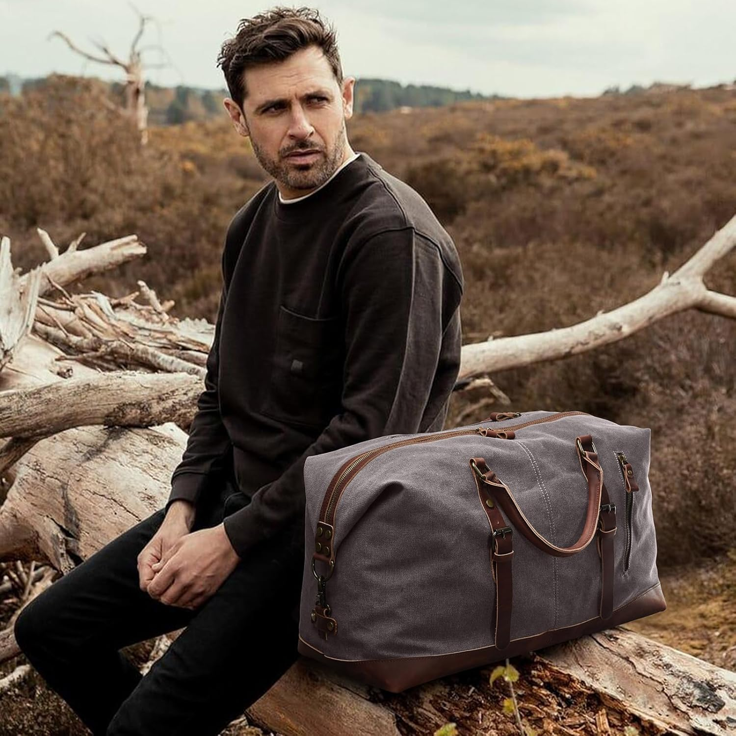 S-ZONE Duffle Bag for Travel 60L Canvas Duffel Bag Carry on Genuine Leather Overnight Weekender Bag for Men image number 2