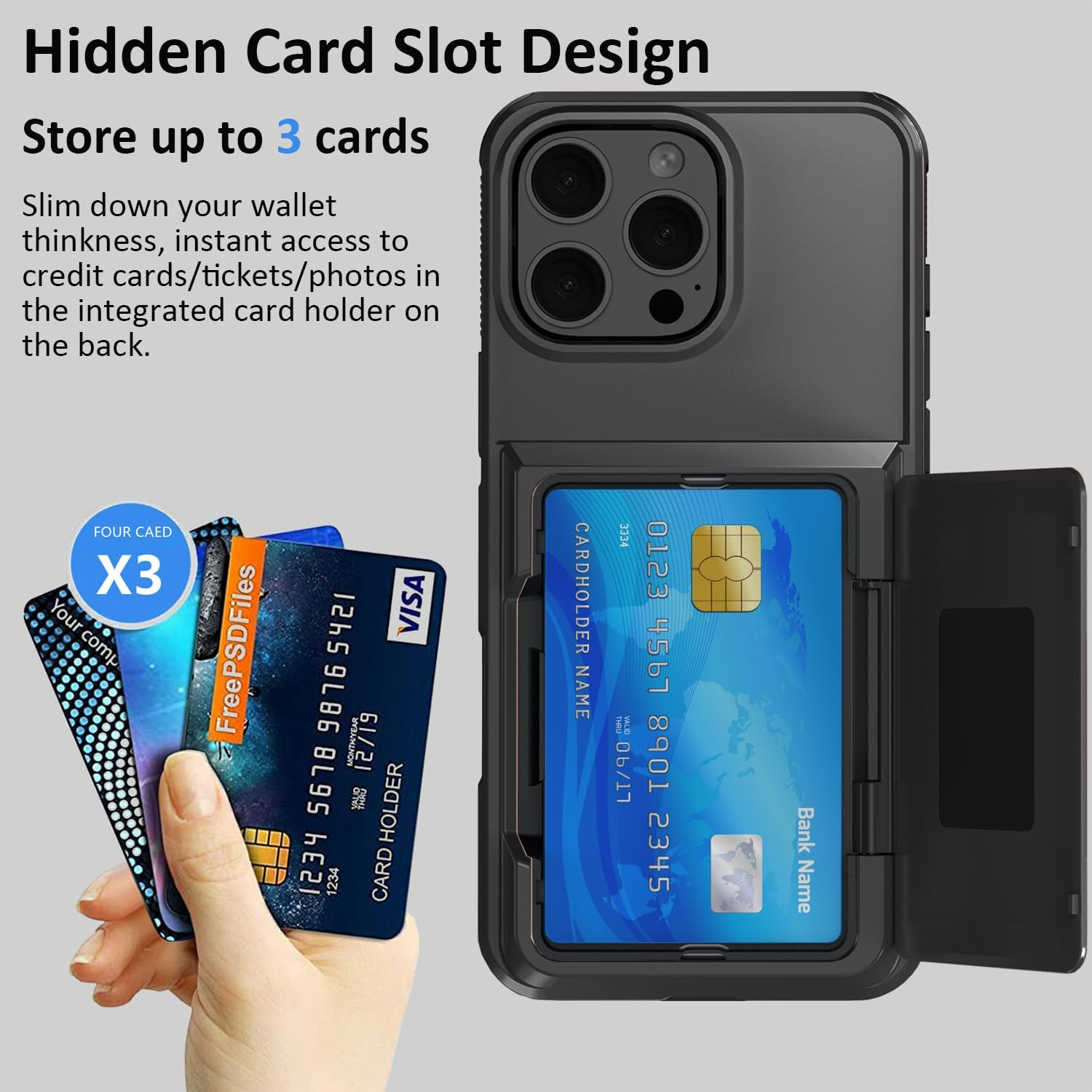 For Iphone 16 Pro Case with Credit Card Holder (3 Cards) &Kickstand, Military Grade Drop Protection, Rugged Hard Back for Iphone 16 Pro Wallet Phone Case, 6.3" 2024 image number 2