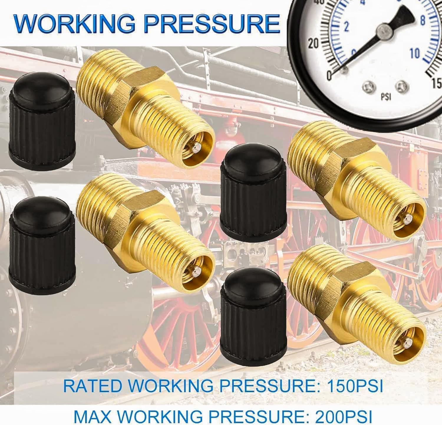 THJOPOKEEL 4Pcs Air Inflator Adapter, Anti-Corrosion Brass Schrader Valve with 1/4" Male NPT, Tire Inflator Connector for Auto Portable Air Compressor/Pump, Includes Protective Caps image number 2