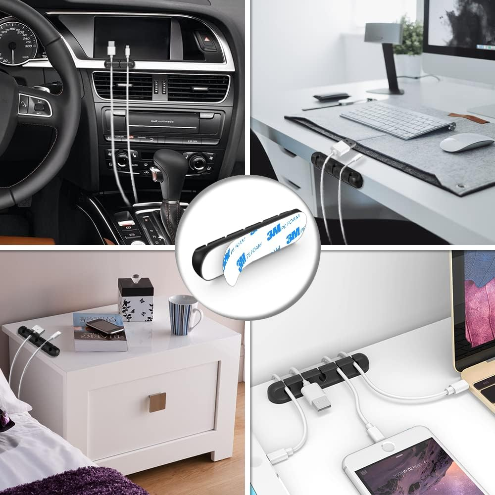 Cable Clips Cord Management Organizer, 3 Packs Silicone Adhesive Hooks, Wire Holder USB Power Charging Accessory Mouse PC Nightstand Desktop Wall Phone Workspace Office - 7, 5 and 3 Slots (Black)