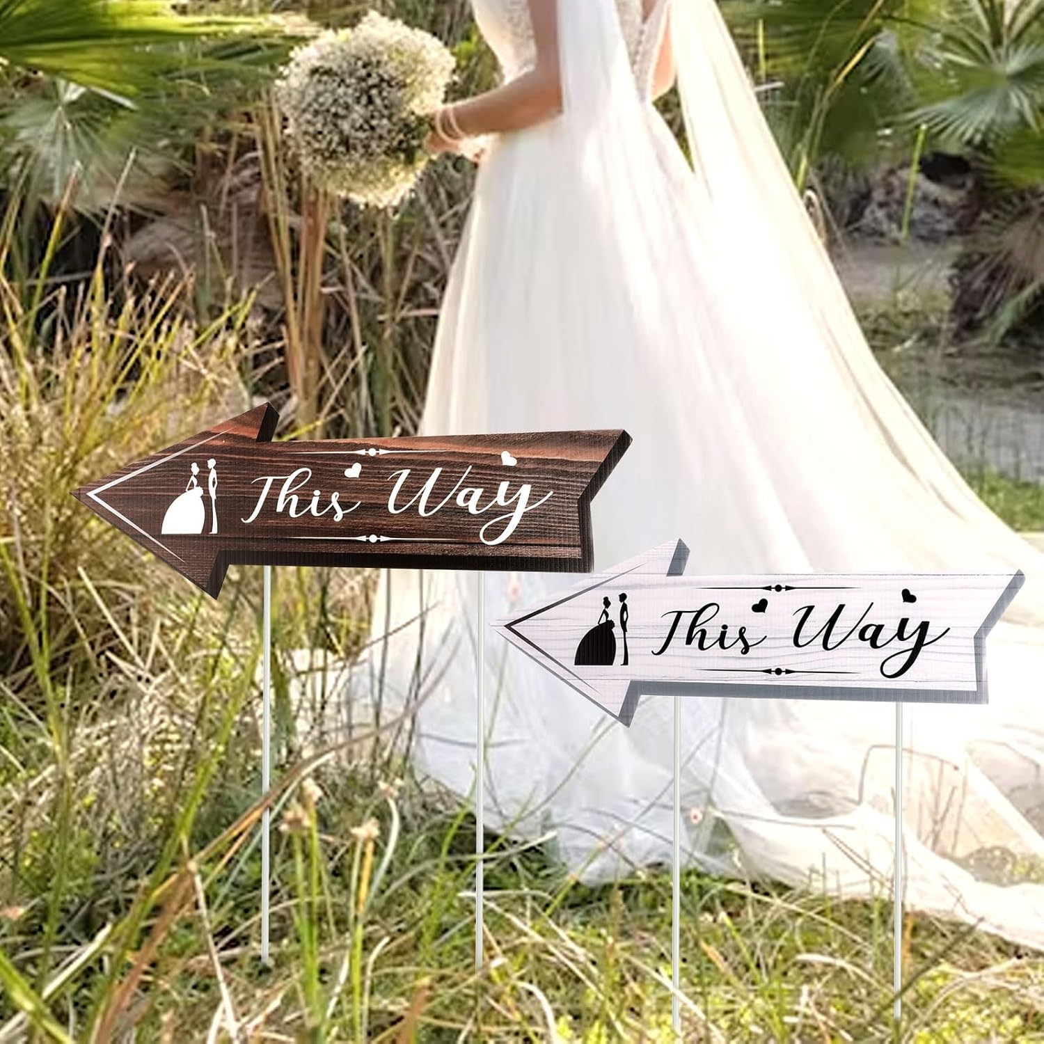 4Pcs Wedding Directional Road Sign, 17X6 Inch Wedding Yard Signs with Stakes Double-Side Printed Yard Sign Arrow Waterproof Wedding Signs for Ceremony & Reception Outdoor Road Signs image number 6