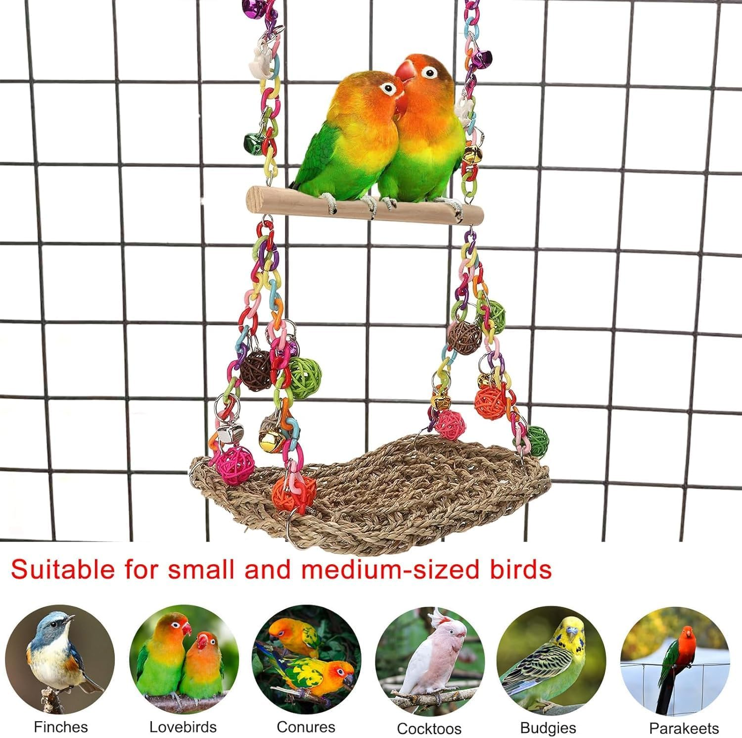 Cozioz Cozioz Bird Swing Toy with Wooden Perch &ndash; Seagrass Woven Parrot Platform, Hanging Hammock & Chewing Toy &ndash; Ideal for Parakeets, Budgies, Conures, Cockatiels & Lovebirds image number 4