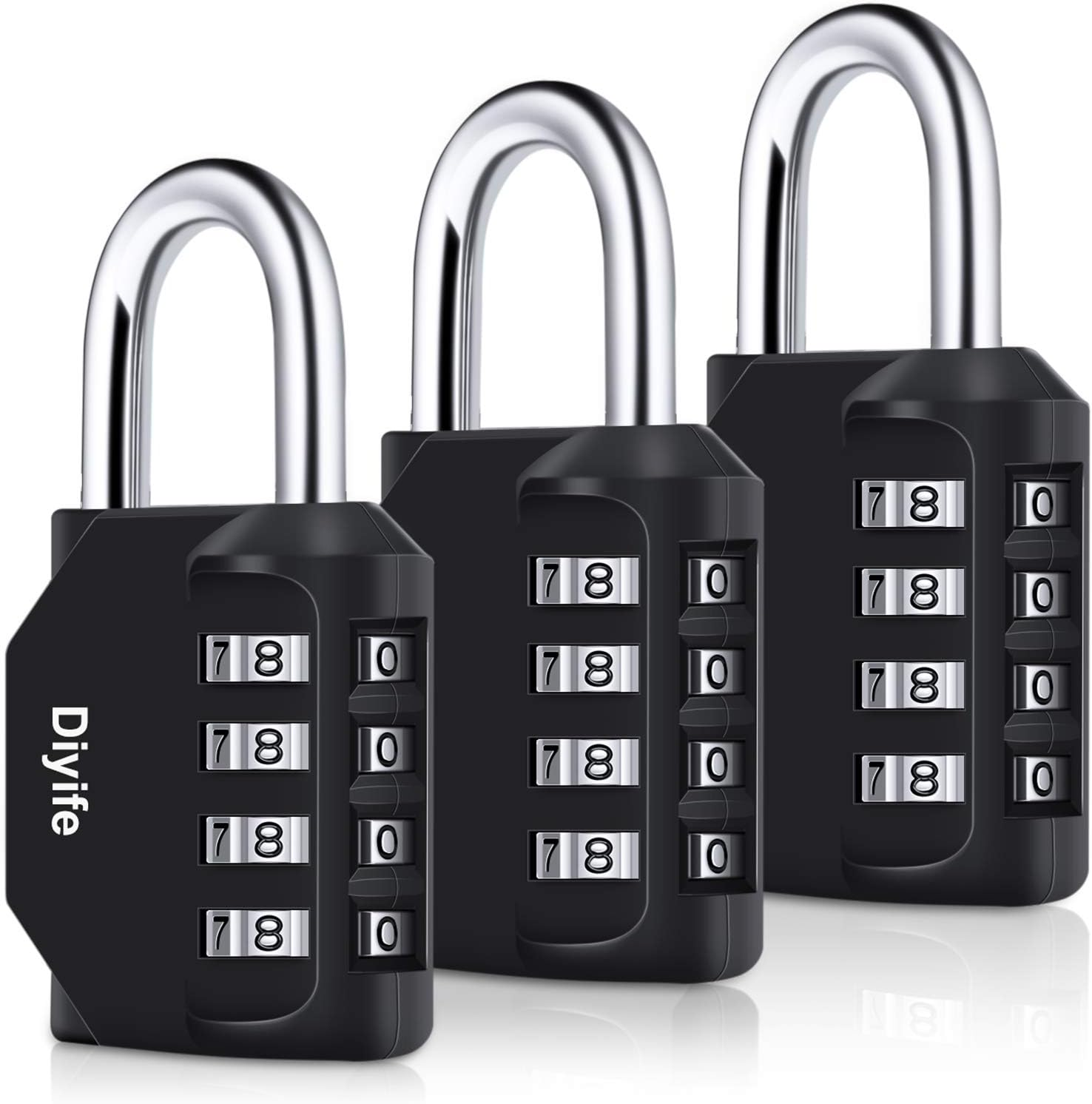 Combination Padlock, [3 Pack] Diyife 4 Digit Lock Combination, Padlock Weatherproof Outdoor for School Gym Locker, Sports Locker, Shed, Fence, Hasp, Garage(Black) image number 1