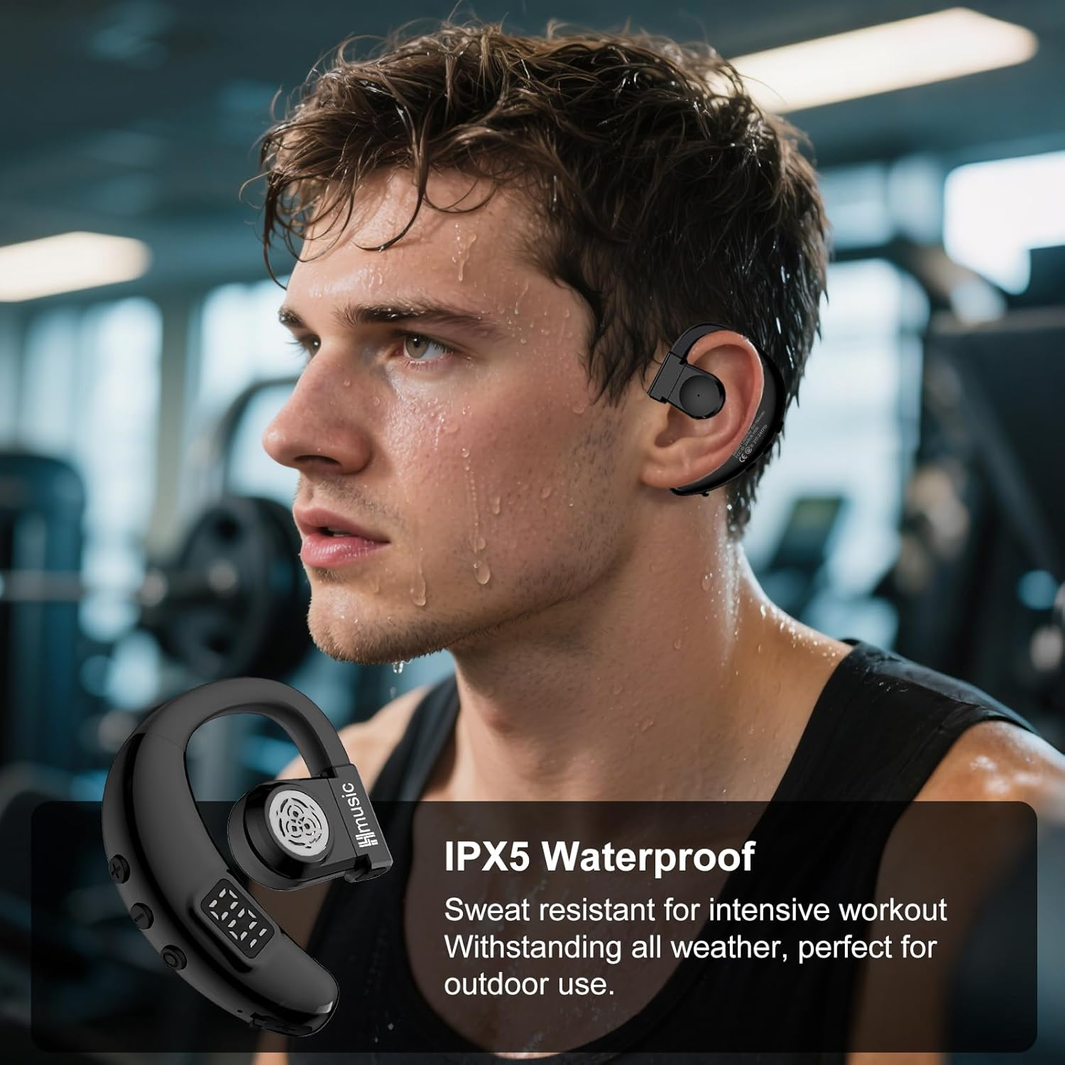 Hmusic I6 Bluetooth Earpiece, V5.4 Bluetooth Wireless Earphones with ENC Mic, 20H Playtime, Open Ear IPX5 Waterproof Headphones, 180&deg; Rotatable Mono Single Ear Headset for Business/Work/Drive, Black image number 3