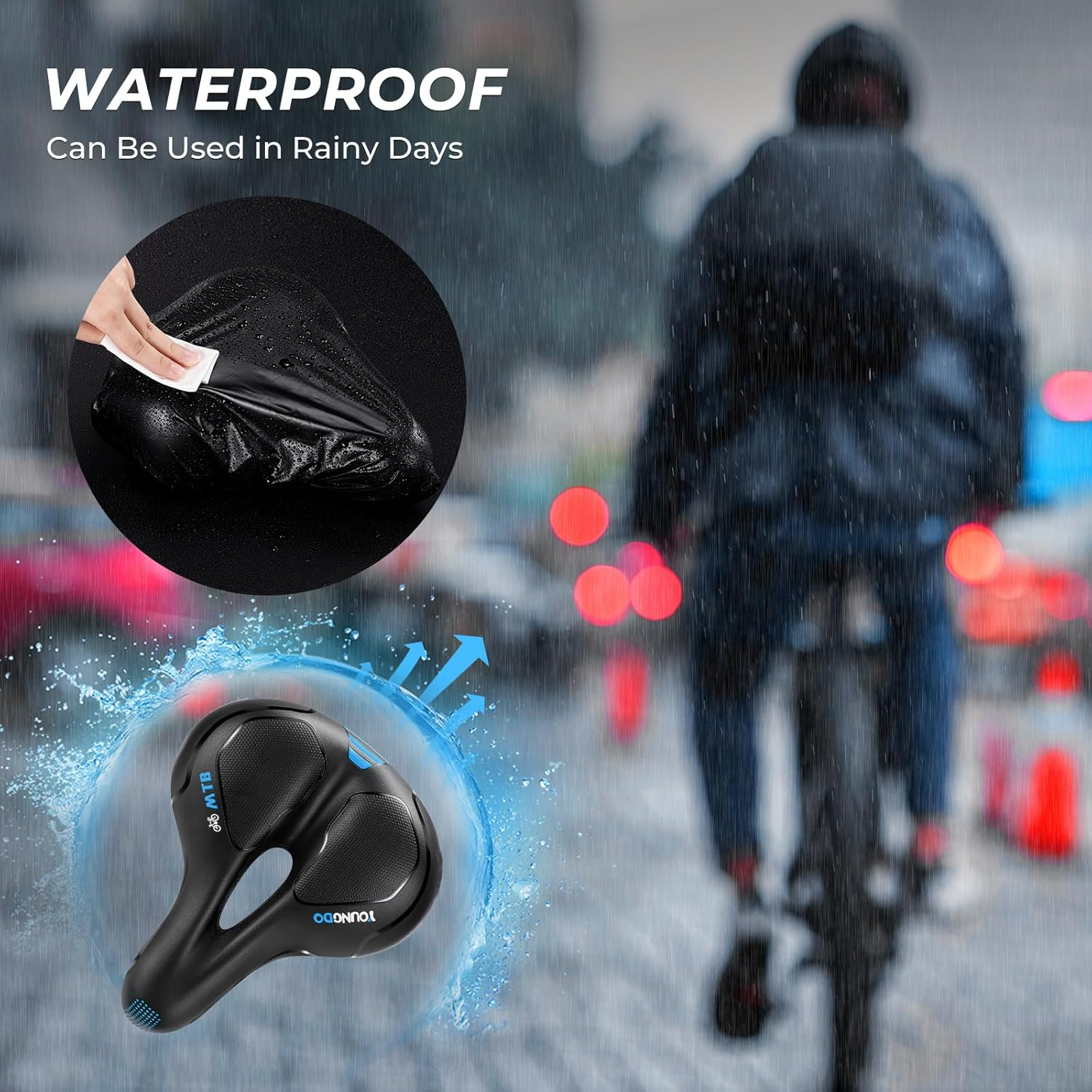 YOUNGDO Bike Seat - Comfortable Gel Foam Padded Leather Bicycle Seat, Wide Bike Saddle Cushion for Women and Men, Universal Fit, Shock Absorbing, Including Mounting Wrench, Allen Key, Waterproof Cover - Black / Red image number 7