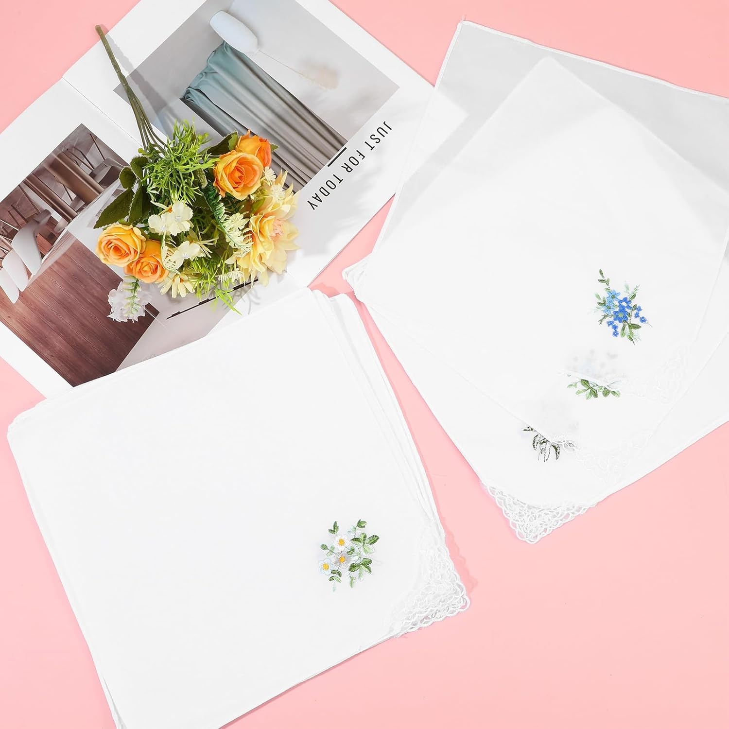 LXUEJIE 12Pcs Cotton Handkerchiefs for Women, Flower Embroidered with Lace Handkerchief White Ladies Hankies image number 6