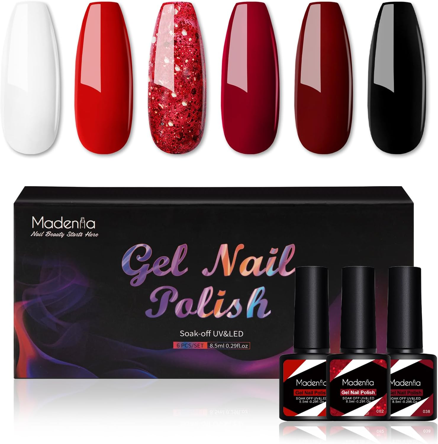 Madenia Gel Nail Polish Set: 6 Colours Red Burgundy Glitter Nail Polish Set Soak off UV/LED, Quick Drying Nail Varnish Nail Art DIY Manicure Salon & Home for Women, 8.5ML - Black image number 6