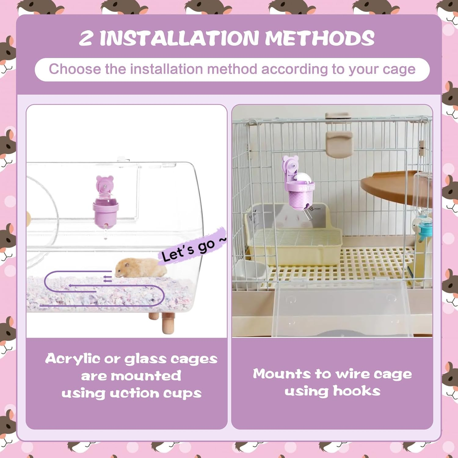 SUSOO Leak-Proof Hamster Water Bottle with Vacuum Silent Drinking Water Design,2-In-1 Hook and Suction Cup Design for Wire Cage and Acrylic Small Animal Water Dispenser Cage Accessorie (Purple, 110ML) image number 3