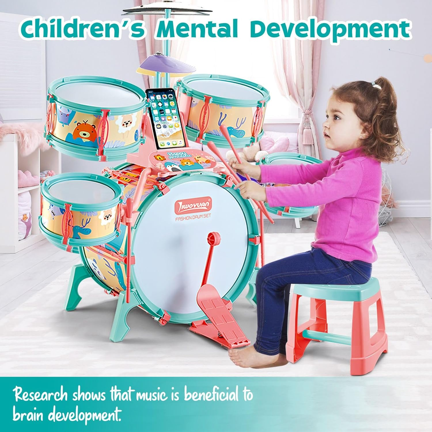 KIDBOT Kids Rock Jazz Drum Set,Educational Music Toys Kit with Chair for Toddler, 5 Drums 17 Pieces Musical Instrument image number 3