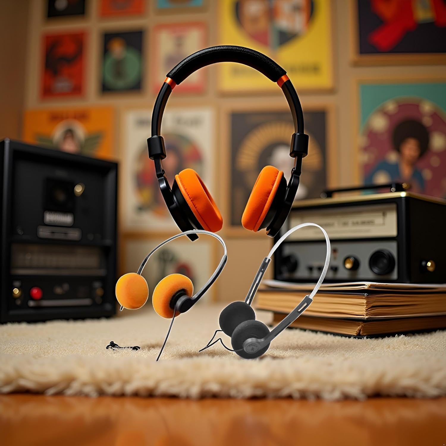 2 Pcs Retro on Ear Headphones, Wired Stereo Headphones, Headphone, Lightweight Portable Headphone with Adjustable Headband, Cassette Player, Over-Ear (Orange and Black) image number 1