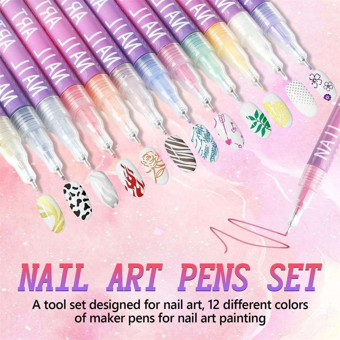 12 Colors Nail Art Pens Set, Nail Art Marker, Nail Doodle Pens, 0.5 MM Nail Polish Pens Set, Waterproof and Quick-Drying Nail for DIY Nails Art Design Manicure Tools image number 2