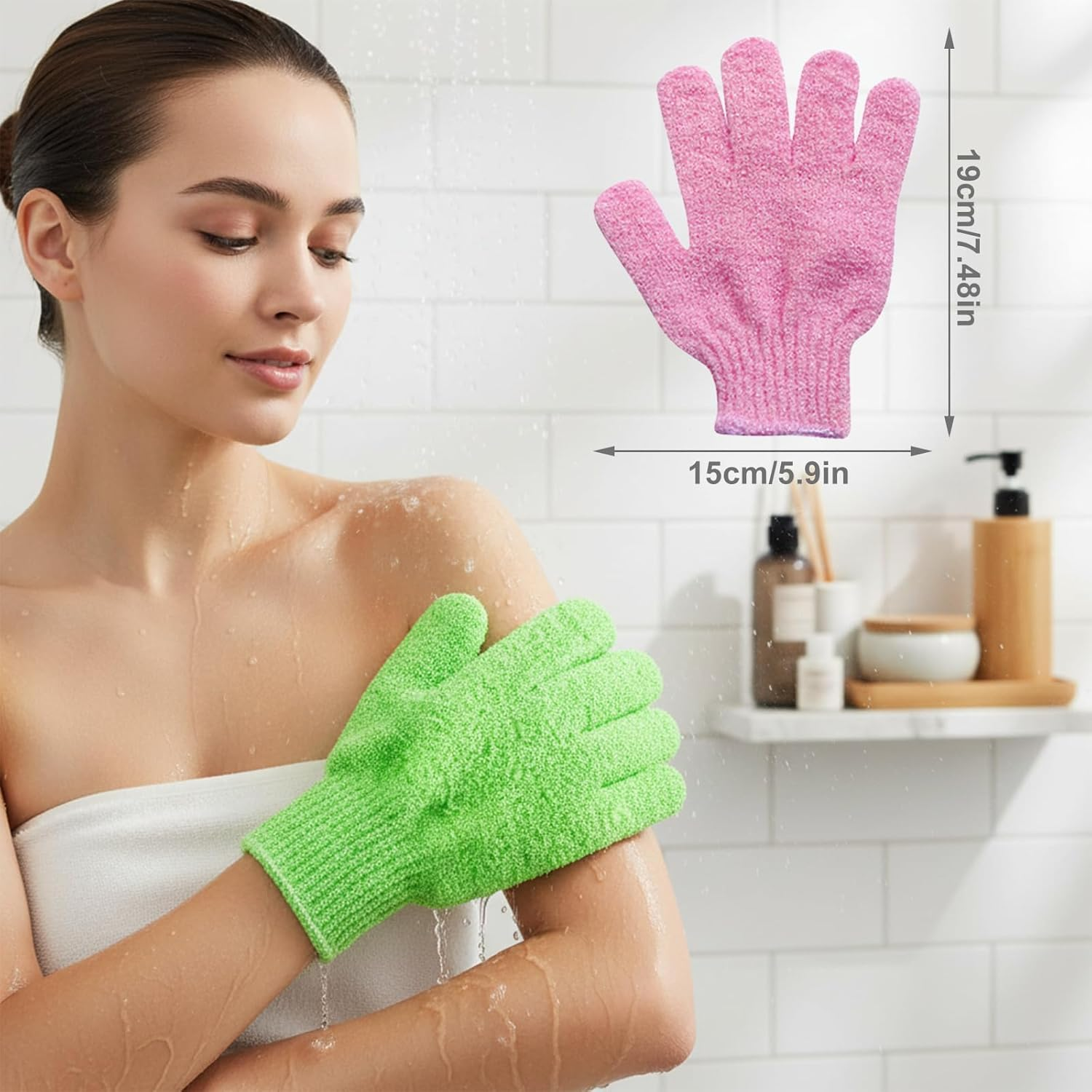Exfoliating Gloves for Shower, Body Scrub Mitts to Remove Dead Skin Cells and Improve Skin Texture - 6 Pcs Set of Bath Gloves for Deep Cleansing(Green,Blue,Pink) - Abvian image number 4