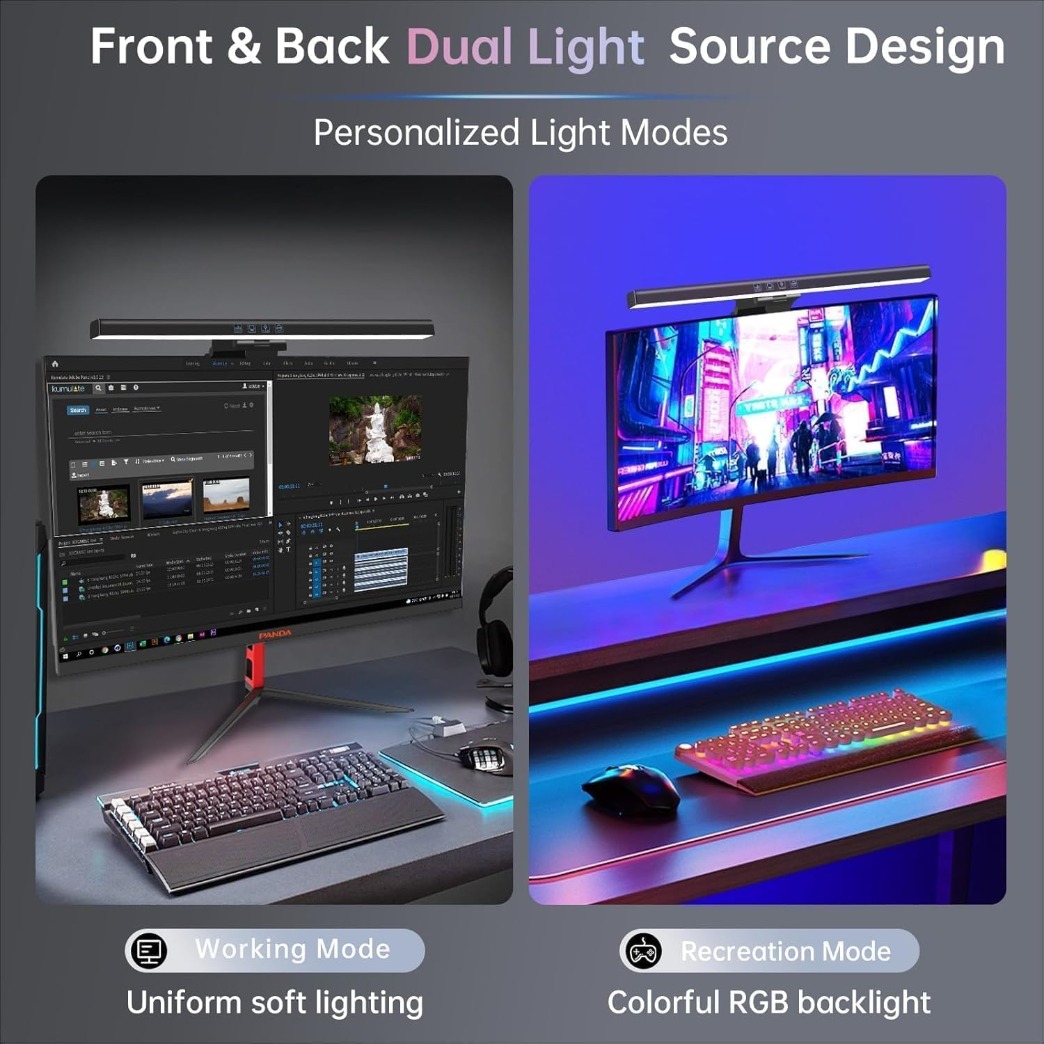 MUSOLA Flat Monitor Light Bar with RGB Backlight & 60-Min Timer, 3000-6000K Stepless Dimming, 0.3-0.8" Clamp for Office/Gaming, USB-C Eye Care Desk Lamp (Touch Control/Blue Light Filter) image number 4