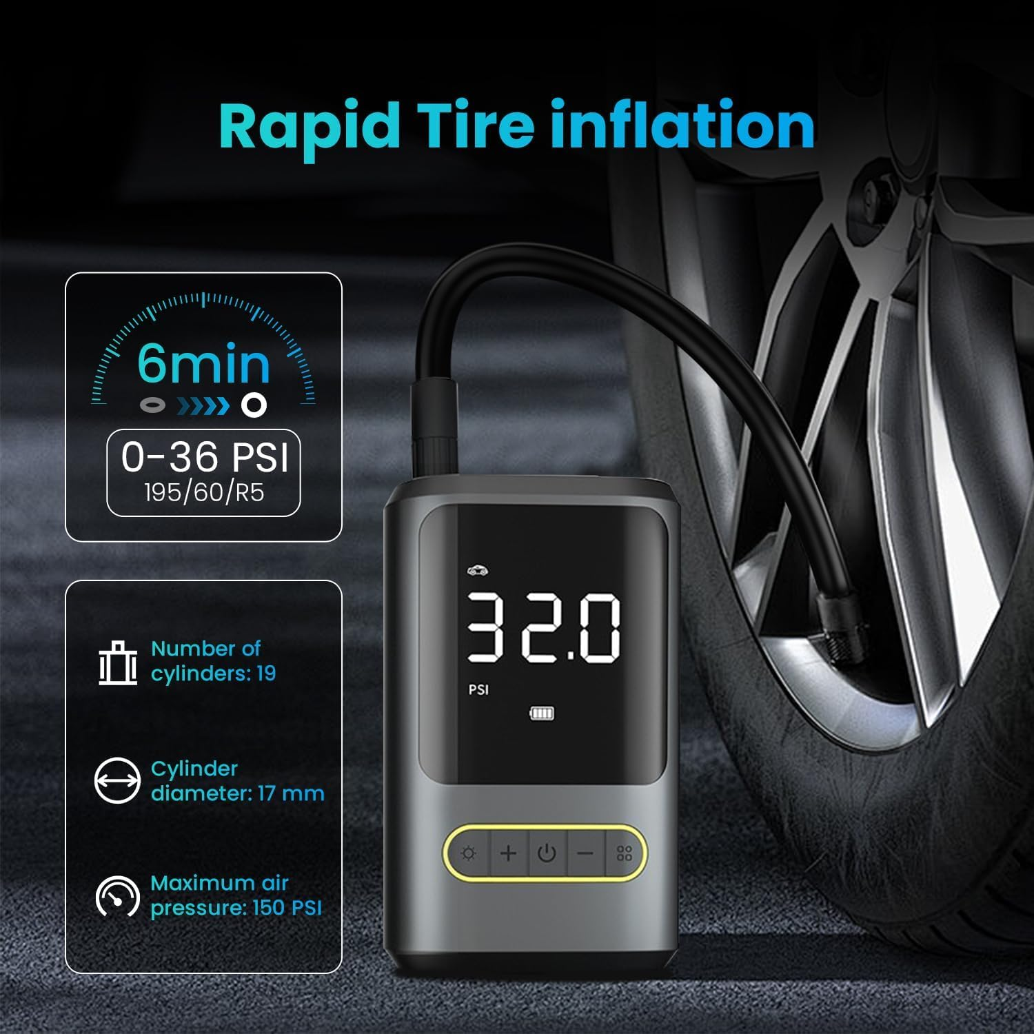 WEKUBA Portable Air Pump, 150PSI Electric Bike Pump, 4000Mah Battery Capacity, with Rechargeable Battery Function,Led Lighting, for Car, Bicycle, Motorcycle, and Ball, Preset 4 Inflating Modes