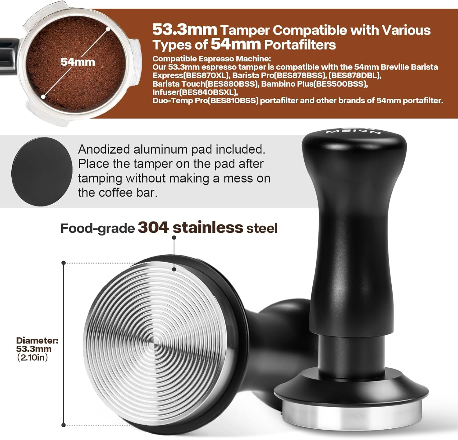 MEION Espresso Tamper 53.3Mm Coffee Tamper, Calibrated Dual Spring Loaded Barista Tamper with Stainless Steel Base, Comes with Aluminum Storage Pad (53.3MM, Black) image number 6