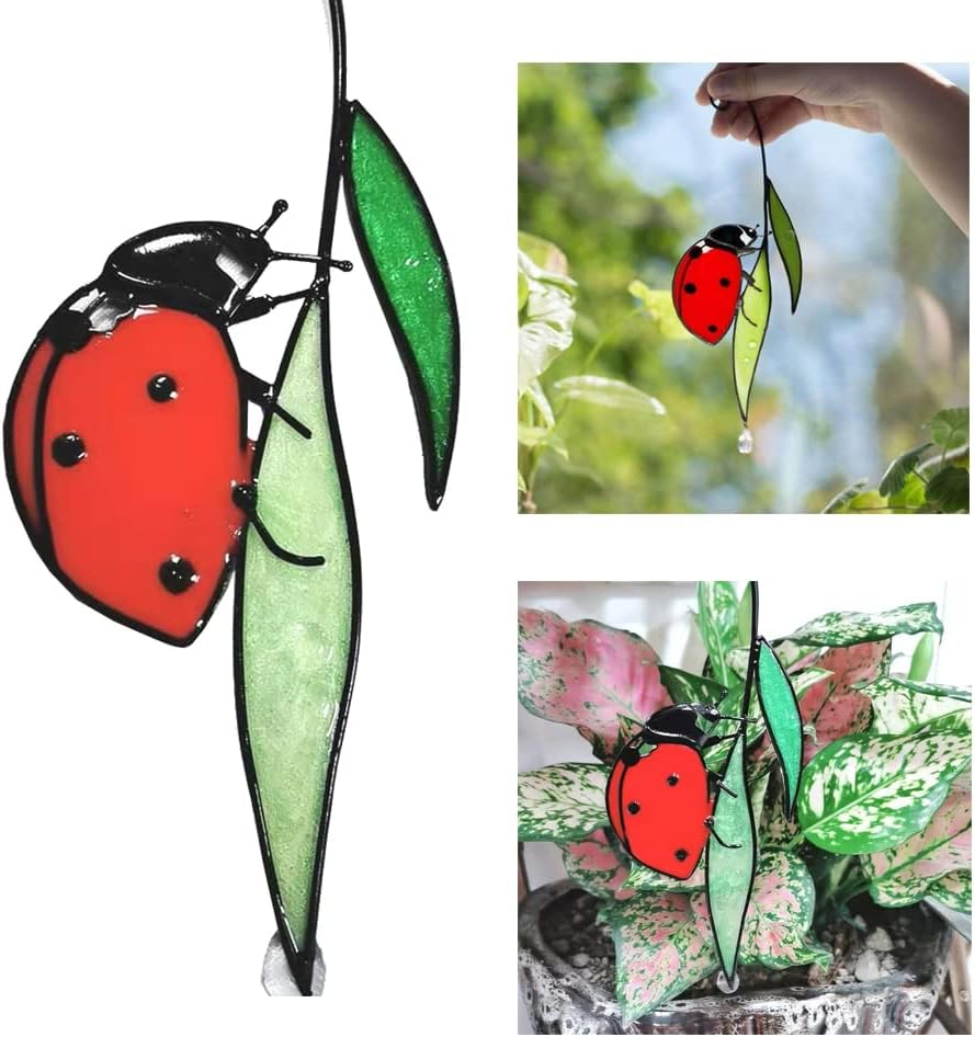 Ladybug on a Leaf Window Hangings Suncatcher Stained Glass Effect Ornament 22Cm Alloy Pendant Sun Catcher for Livingroom Bedroom Garden Fence Spring & Summer Decoration Hand Printed Gifts image number 2