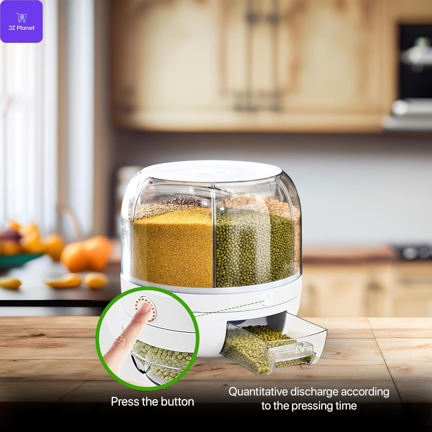 JZ Planet 6-Grid Rotating Food Grain Dispenser &ndash; 3.6L Airtight Dry Food Storage Container with One-Touch Release &ndash; White Bpa-Free Plastic Organizer for Cereal, Rice, Nuts, Snacks & Kitchen Pantry Use image number 6