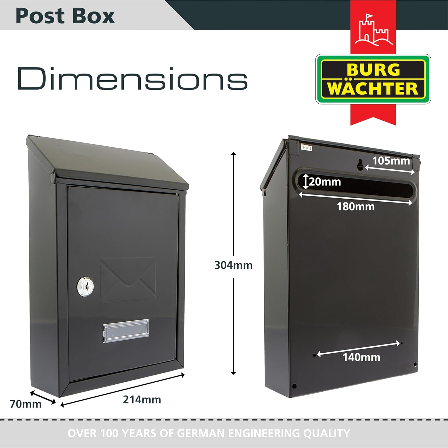 Burg-Wachter MB09BK Avon Rear Entry Wall Mounted Galvanised Steel Lockable Weatherproof Post Box - Black - 21X30X6.5Cm - Green image number 6