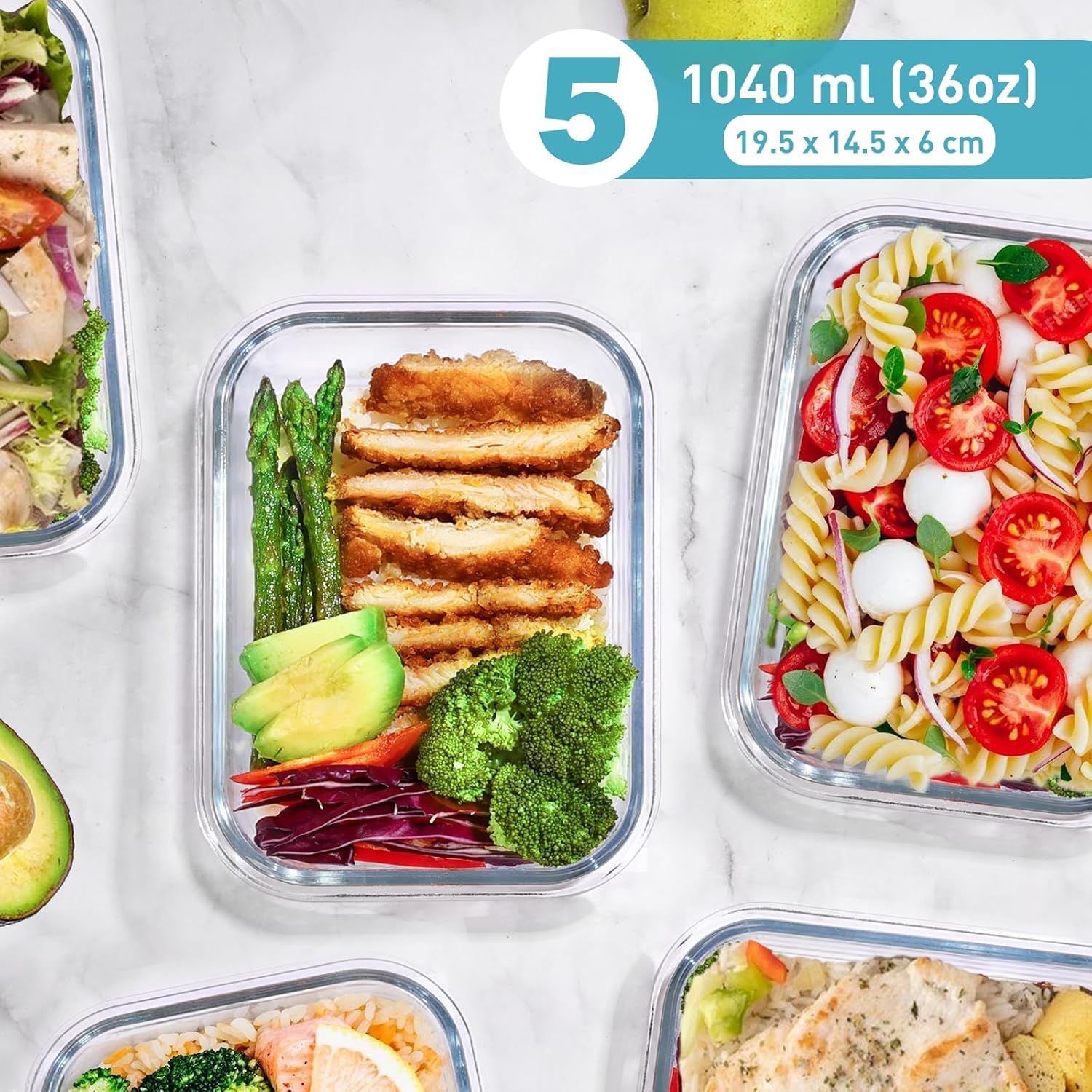 Feshory 5 Pack 1040ML Airtight Glass Food Storage Containers with Lids - Glass Meal Prep Food Containers, Lunch Box Safe for Microwave, Freezer, Dishwasher Kitchen Storage & Organisation image number 4