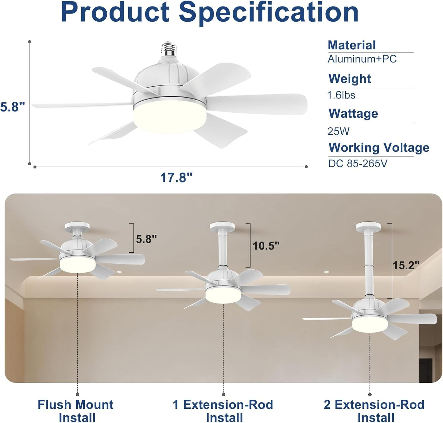 Socket Fan Light, Ceiling Fan with Light and Remote, 18" LED Fan Light Bulb for Bedroom, Kitchen, Living Room, 3 Fan Speeds and 3 Lighting Modes image number 6