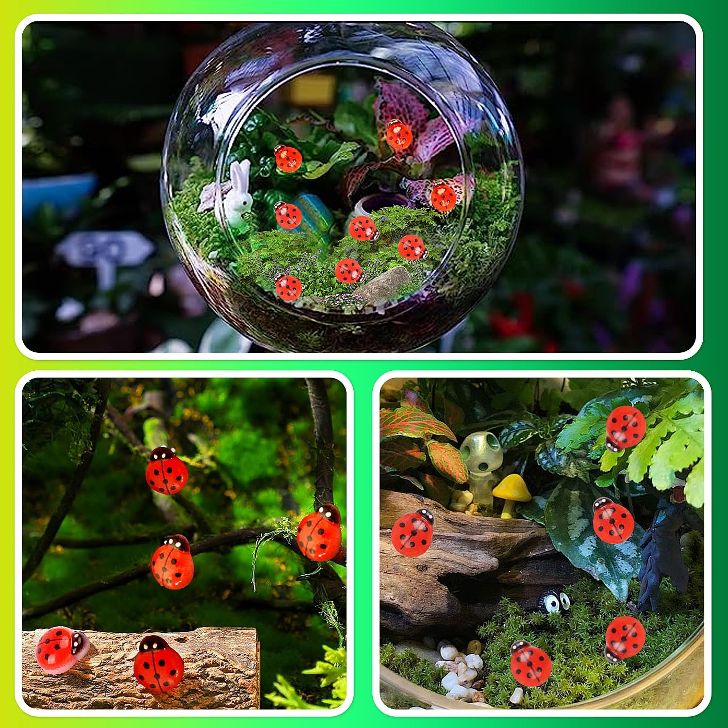 KIMOBER 100PCS Mini Luminous Ladybug Miniature Figurines,Glow in Dark Resin Animals Ladybug Figures for Fairy Garden Micro Landscape Decor Cake Topper image number 1