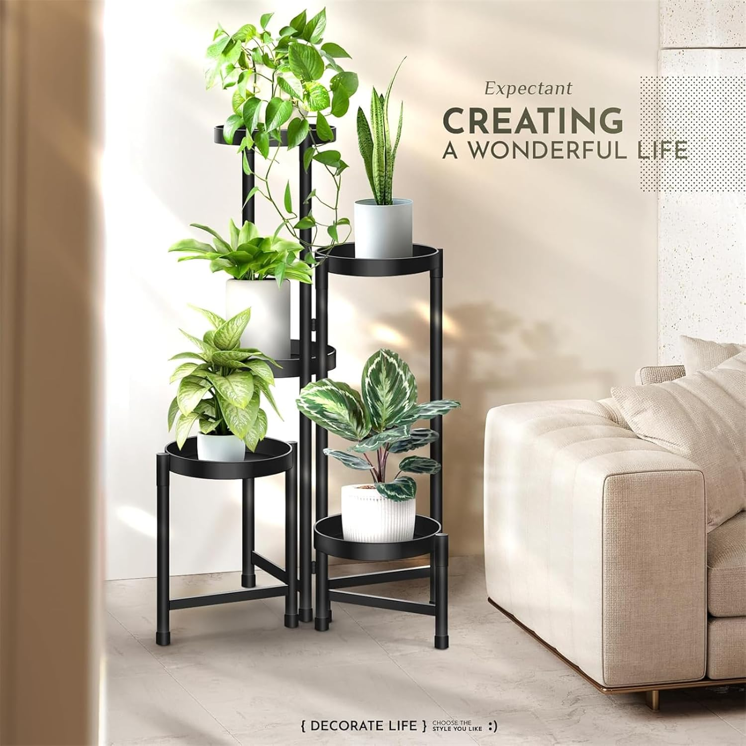 Yamibobo 5 Tier Black Iron Plant Stand for Indoor Outdoor, Foldable Corner Tall Plant Shelf, Flower Pot Holder Display Stand for Living Room Balcony Garden Patio image number 1