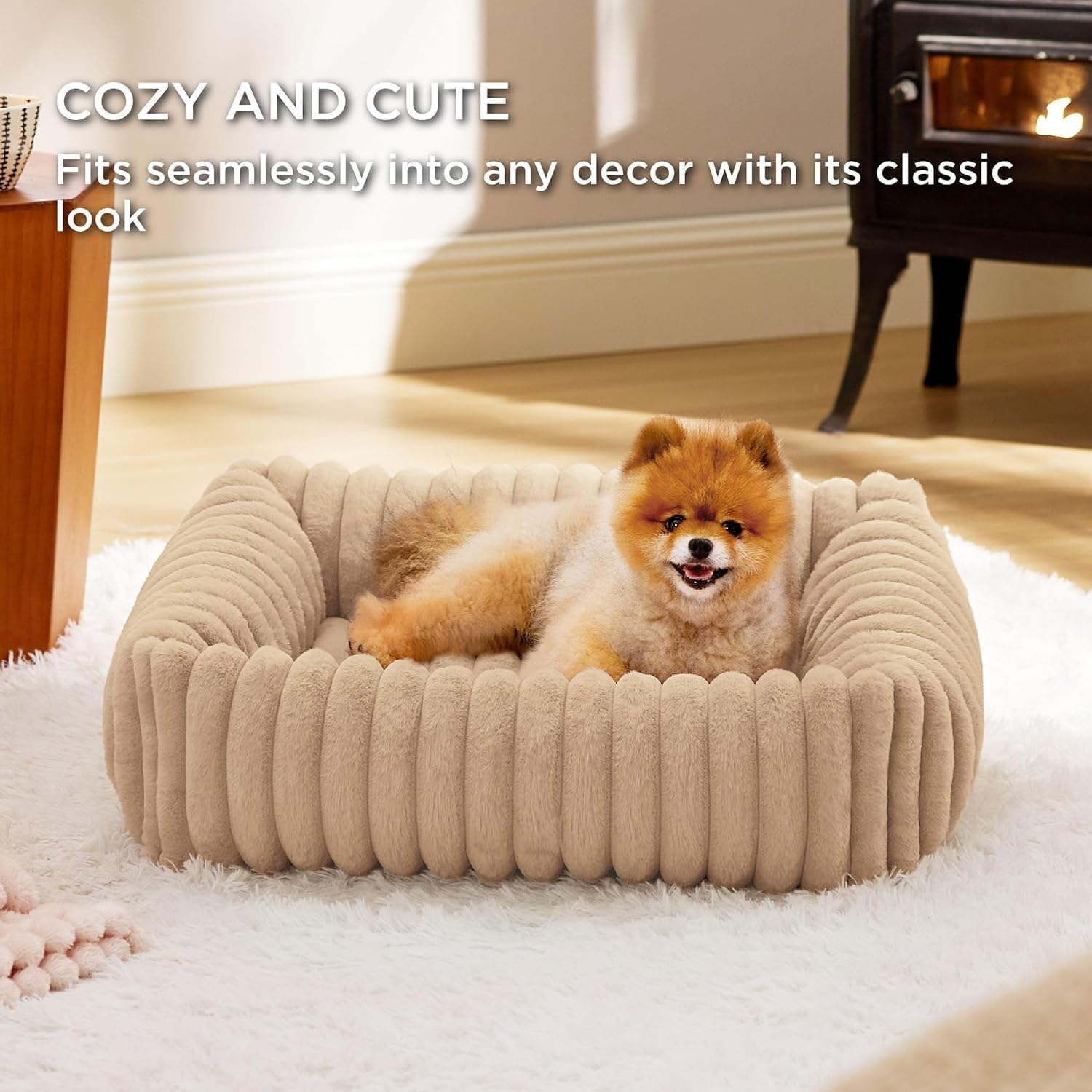 Pet Couch Bed for Small Medium Dogs, Cats - Washable Furry Puppy Beds, Rectangle Orthopedic Corduroy Fleece Pet Beds with Removable Zipper Cover (Beige, 63 X 53 X18 CM) image number 4
