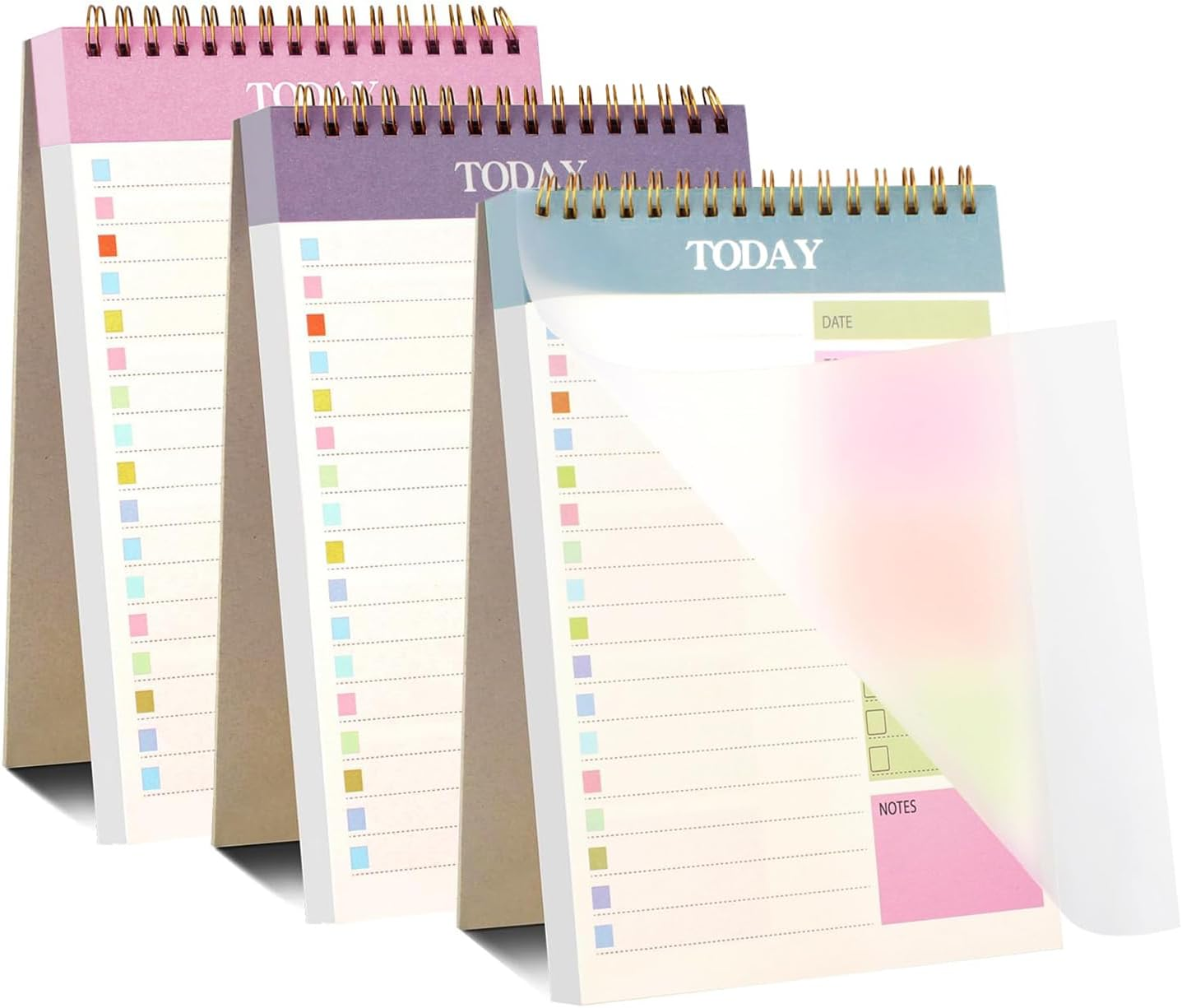 Daily Planner Notepad,Nedlon 2 Packs to Do List Notepad,104 Pages A5 Undated Daily Planner with Task Checklist,Spiral Binding,120Gsm Paper,Transparent Cover for Home,Office,School Supplies,Green&Purple