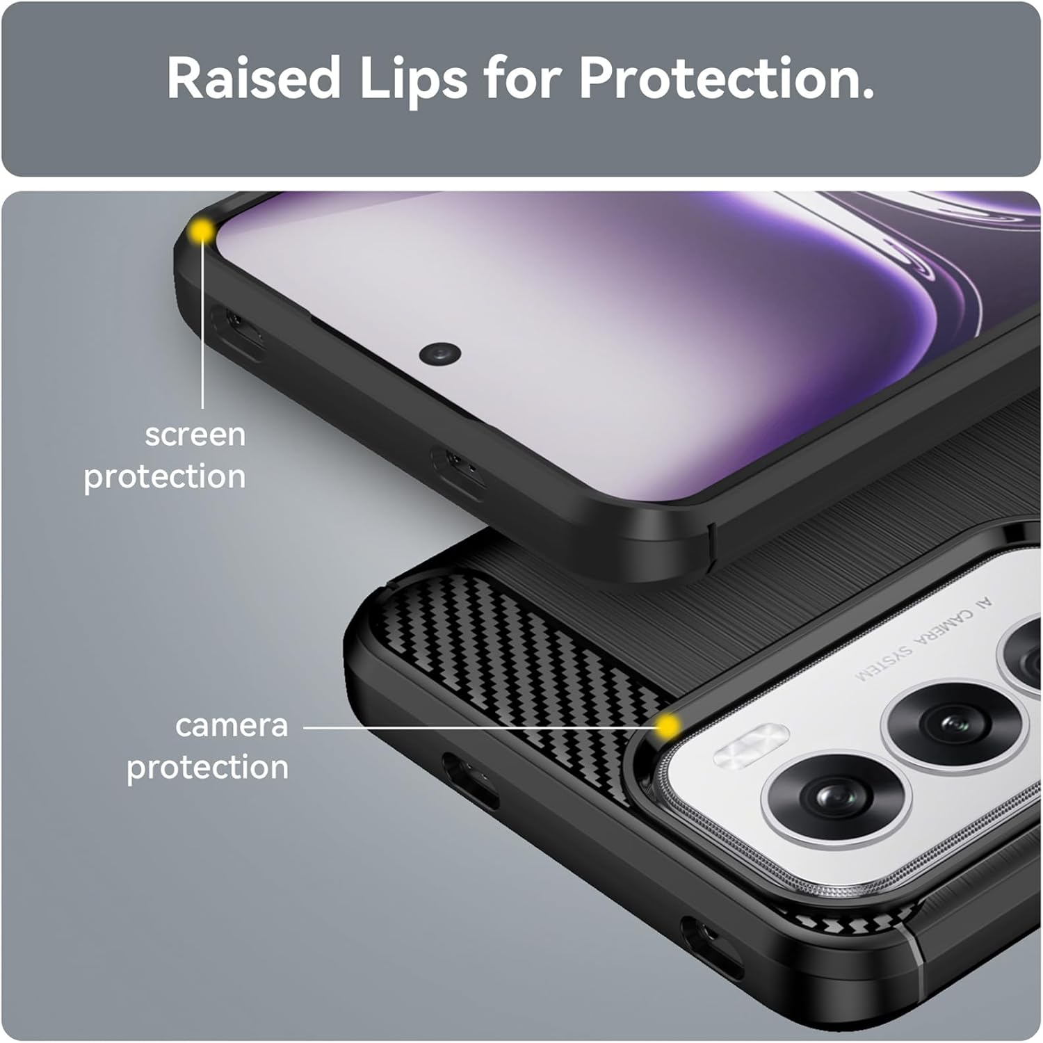  HEYUS Case for Oppo Reno 12 2024, Shock-Absorption Brushed Flexible Soft Carbon Fiber Protective Cover for Oppo Reno 12 2024 - Black image number 5