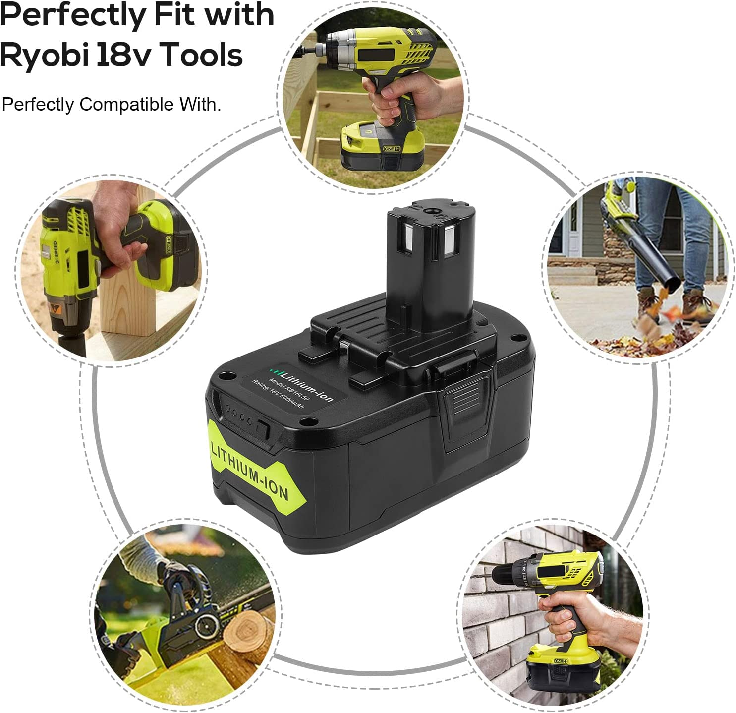 Aryee 2 Pack 5.0Ah 18V Replacement Battery for Ryobi One+ Cordless Tool Lithium P102 P103 P105 P107 P108 P109 BPL-1815 BPL-1820G BPL1820 BPL18151 image number 5