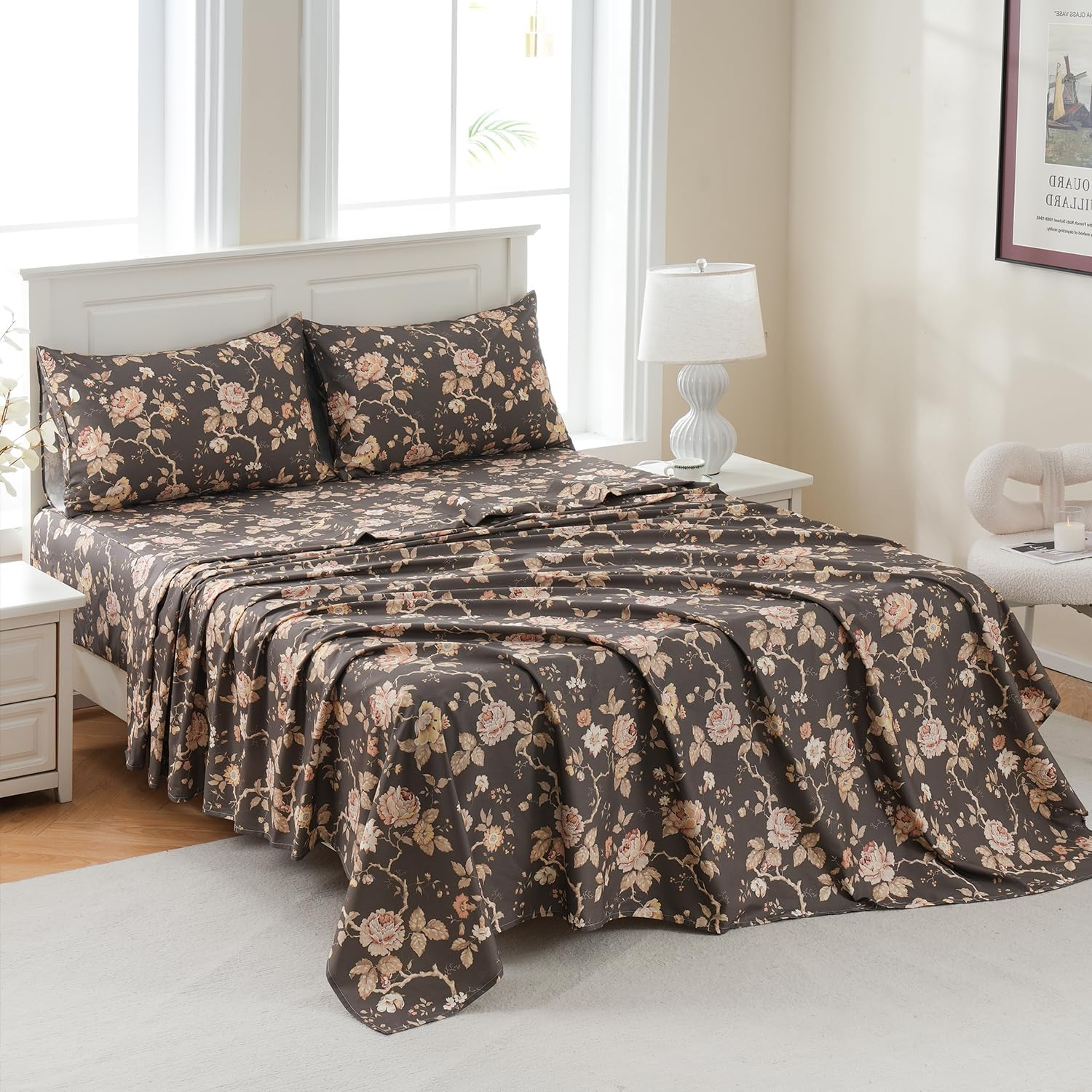 Zusbest Dark Brown Floral Bed Sheets Set - Queen Size Percale Cotton Shabby Rustic Peony Flower Print Bed Sheets - Soft Breathable Mocha Classic Vintage Bedding 4 Pcs Deep Pocket Flower Bed Sheets image number 5