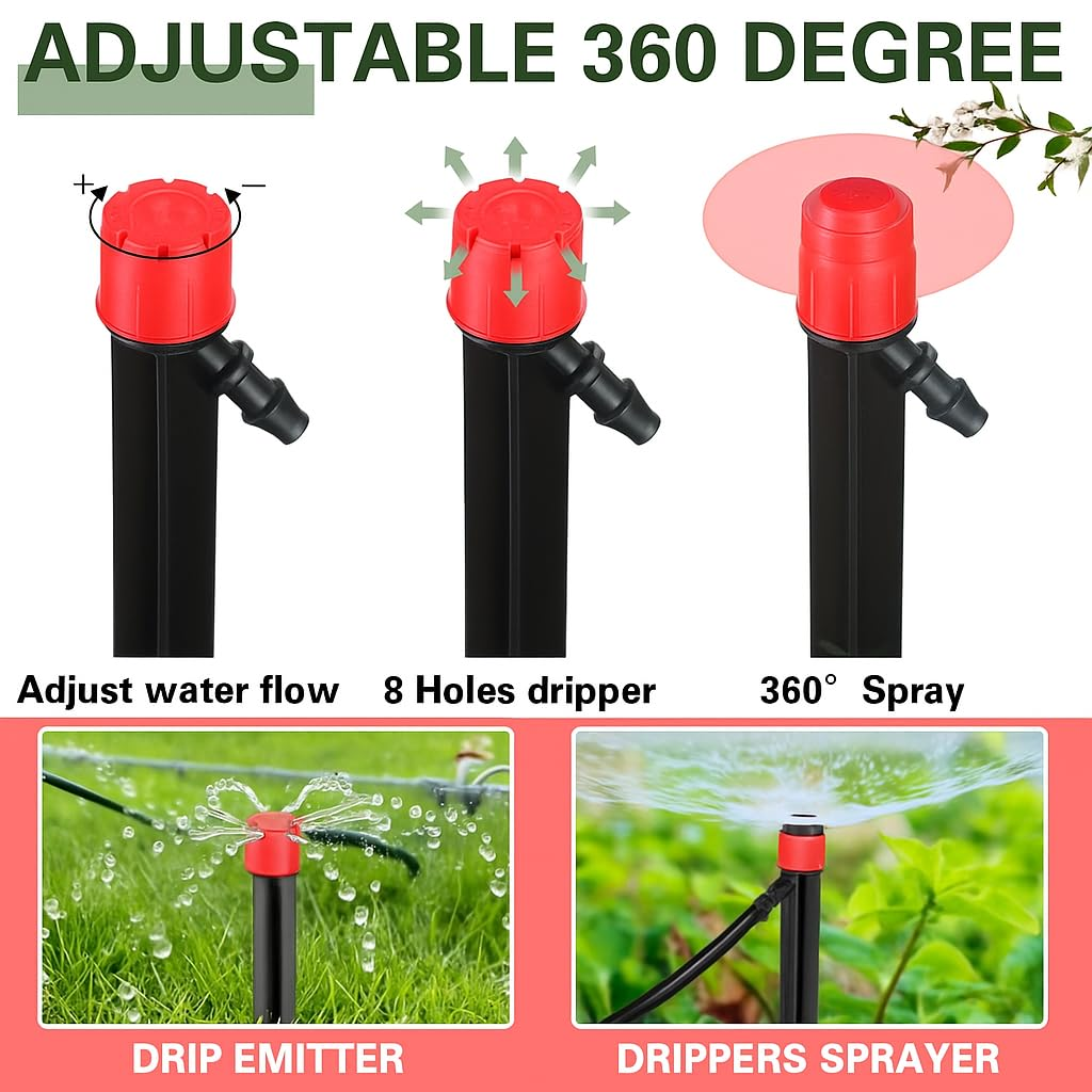 YAKESD 50Pcs Adjustable 360 Degree Water Flow Drippers for 1/4" Drip Irrigation Tubing - Efficient Garden Irrigation System Components image number 1