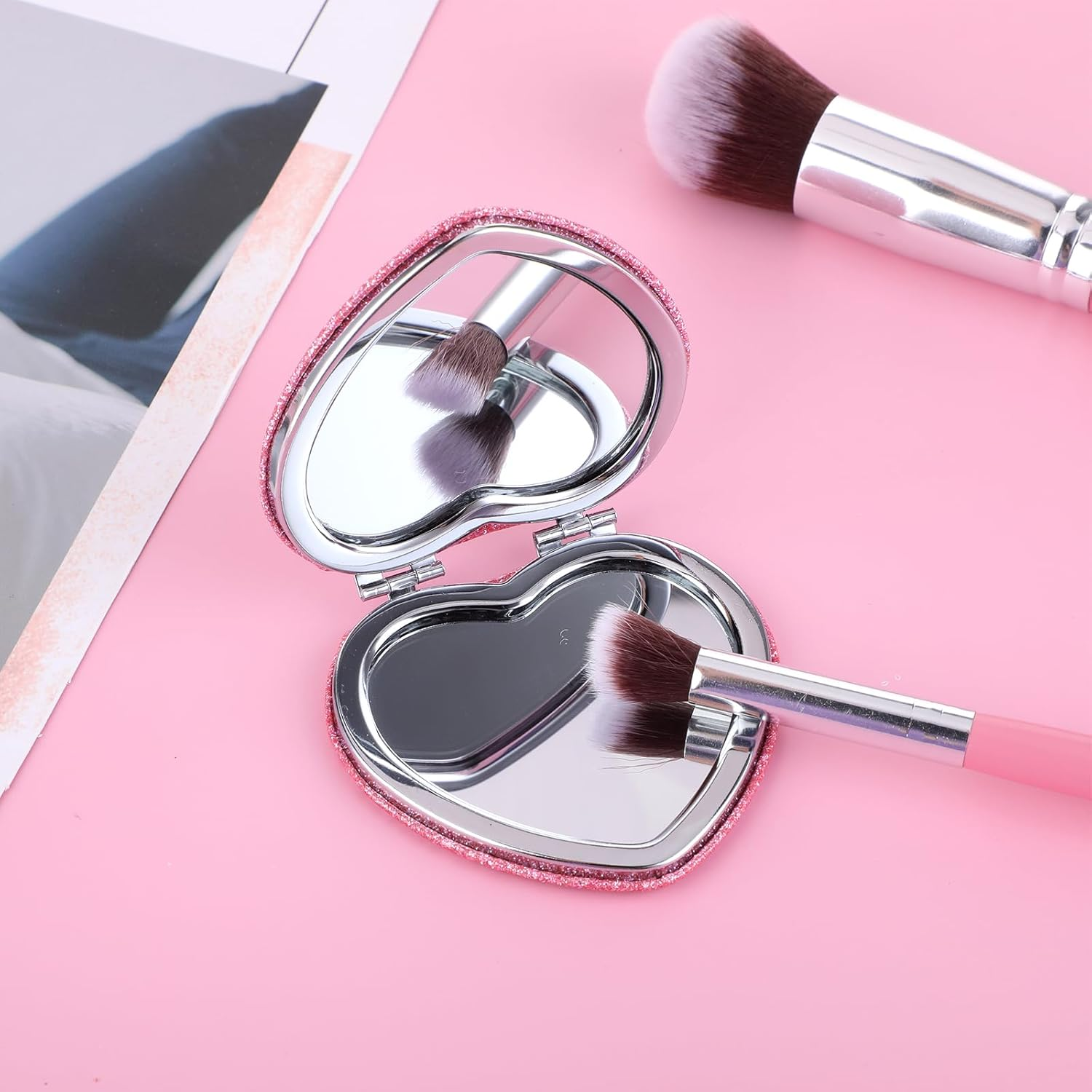 Heart Shaped Compact Folding Mirror Mini Travel Portable Vanity Mirror for Purse Cosmetic Mirror Double Sided Glitter for Women Handbag Wallet Office In