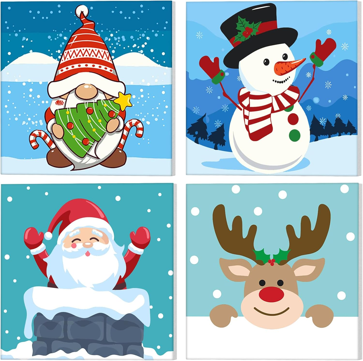 NAIMOER 4 Pack Framed Paint by Numbers Christmas for Adults Kids, DIY Painting by Numbers Gnome Snowman for Happy New Year, Art on Canvas Gifts Home Wall Decor 8X8In