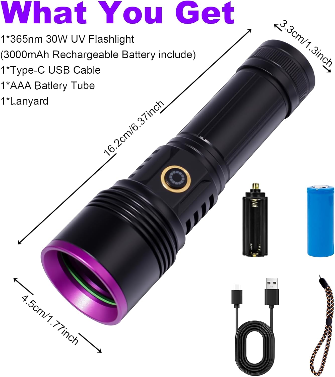 365Nm UV Light Torch, Powerful Black Light Torch With, Rechargeable UV Resin Light, Professional UV Flashlight for Pet Urine Detection, Resin Curing, Rocks, Scorpion