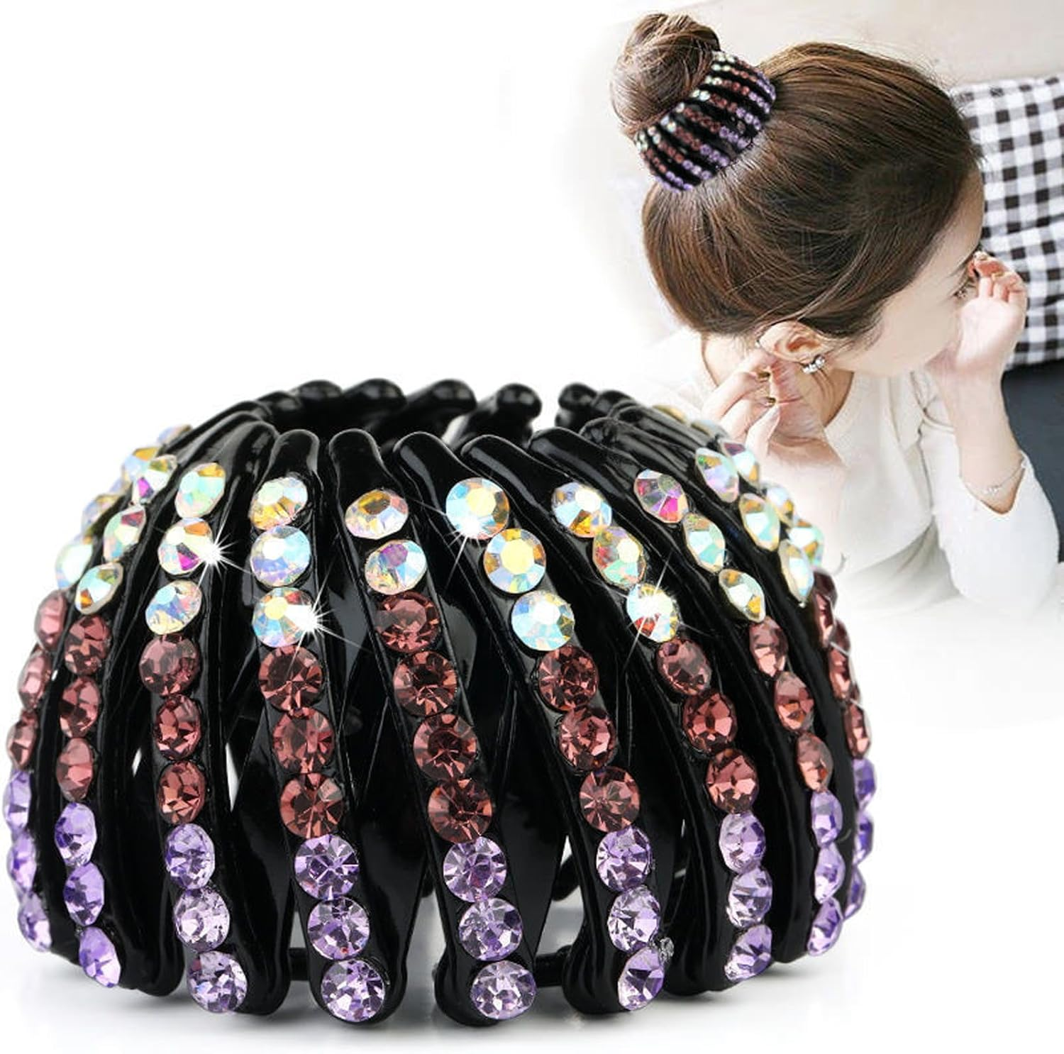 4 Pieces Vintage Bird Nest Hair Clips Rhinestone Expandable Bird Nest Hair Clips Geometric Extendable Hair Loops Ponytail Holder Clip for Girls and Women image number 3