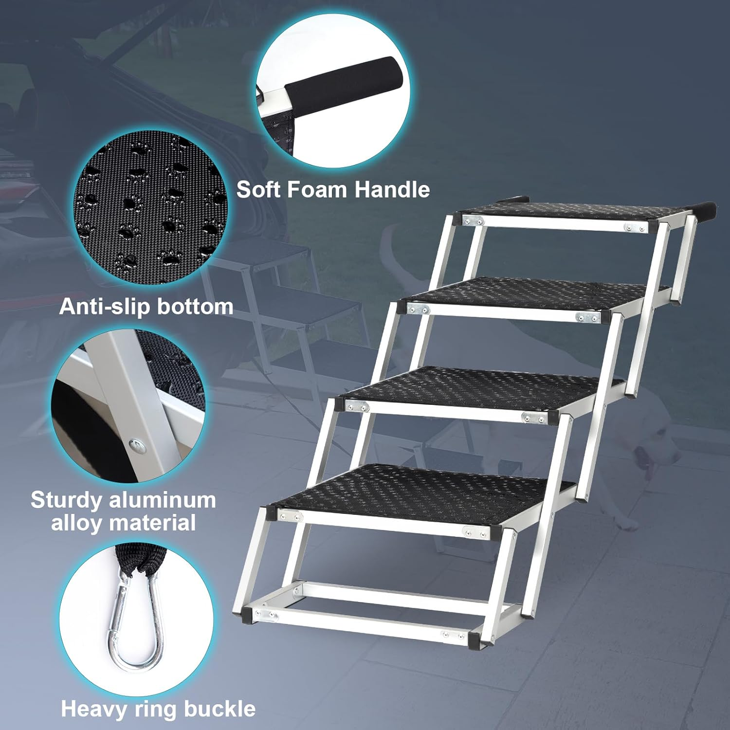 Uross Dog Stairs for Car 4 Steps - Aluminum Dog Ramp Step Stairs for Car and Small SUV, Large Dogs,Telescoping Dog Pet Step Stairs Ladder for Truck, Supports up to 90.7KG