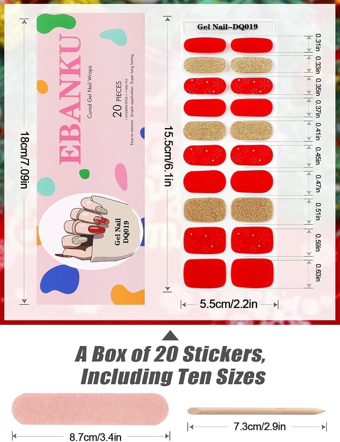 EBANKU Christmas Gel Nail Strips, Golden Red Gel Polish Strips - Long Lasting, Waterproof Full Nail Wraps - Includes Stick, File, Wipes & Sealing (UV/LED Lamp Required)
