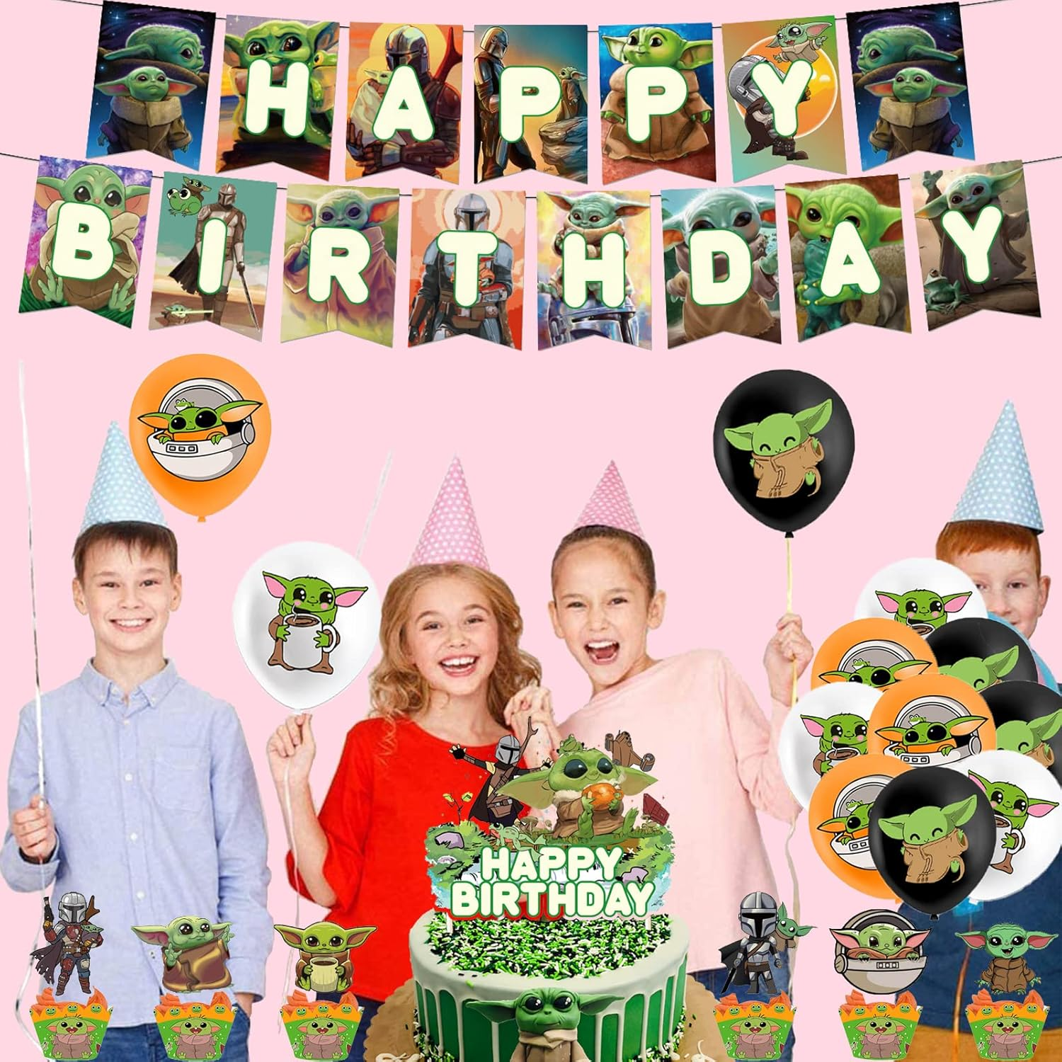 Dinoeye Baby Yoda Party Supplies Star Wars Birthday Decoration 18Pcs Balloons, 1Pcs Banner, 13Pcs Cake Toppers Green Cartoon image number 2