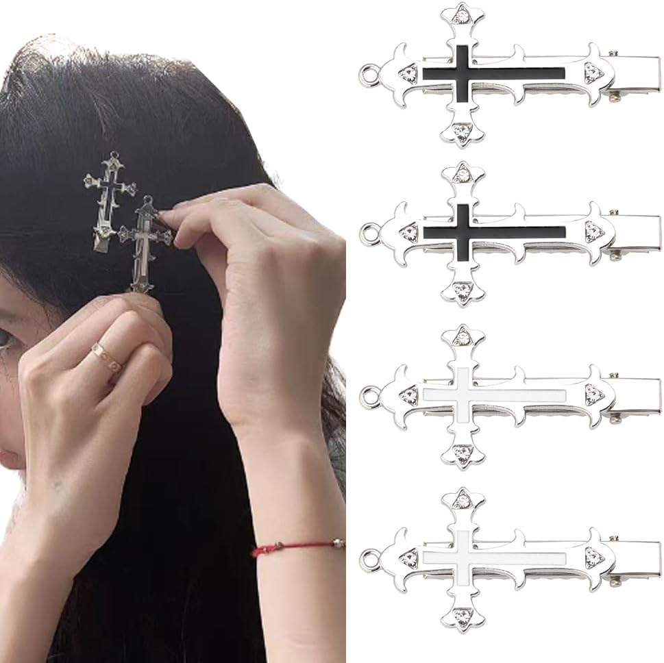 Cross Hair Clips Halloween Goth Hair Accessories for Women Girls Metal Y2K Gothic Cross Barrette Hairpin Alligator Clips Set of 4 Cool Halloween Hair Decorations Vampire Costumes Accessory image number 5