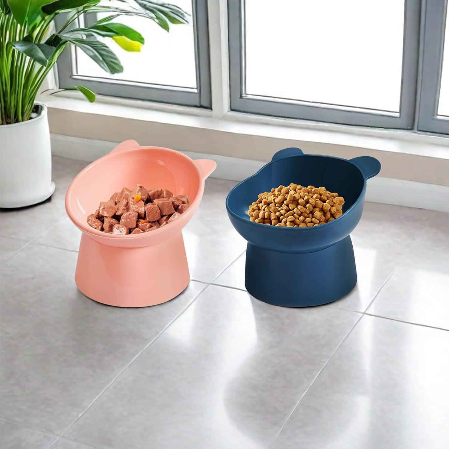 2 Pieces Raised Cat Bowl, Cat Bowl, 15&deg; Inclined Cat Bowl, Food Bowl, Relaxing Cervical Spine, for Cats, Puppies, Rabbits (Pink+Blue) image number 3