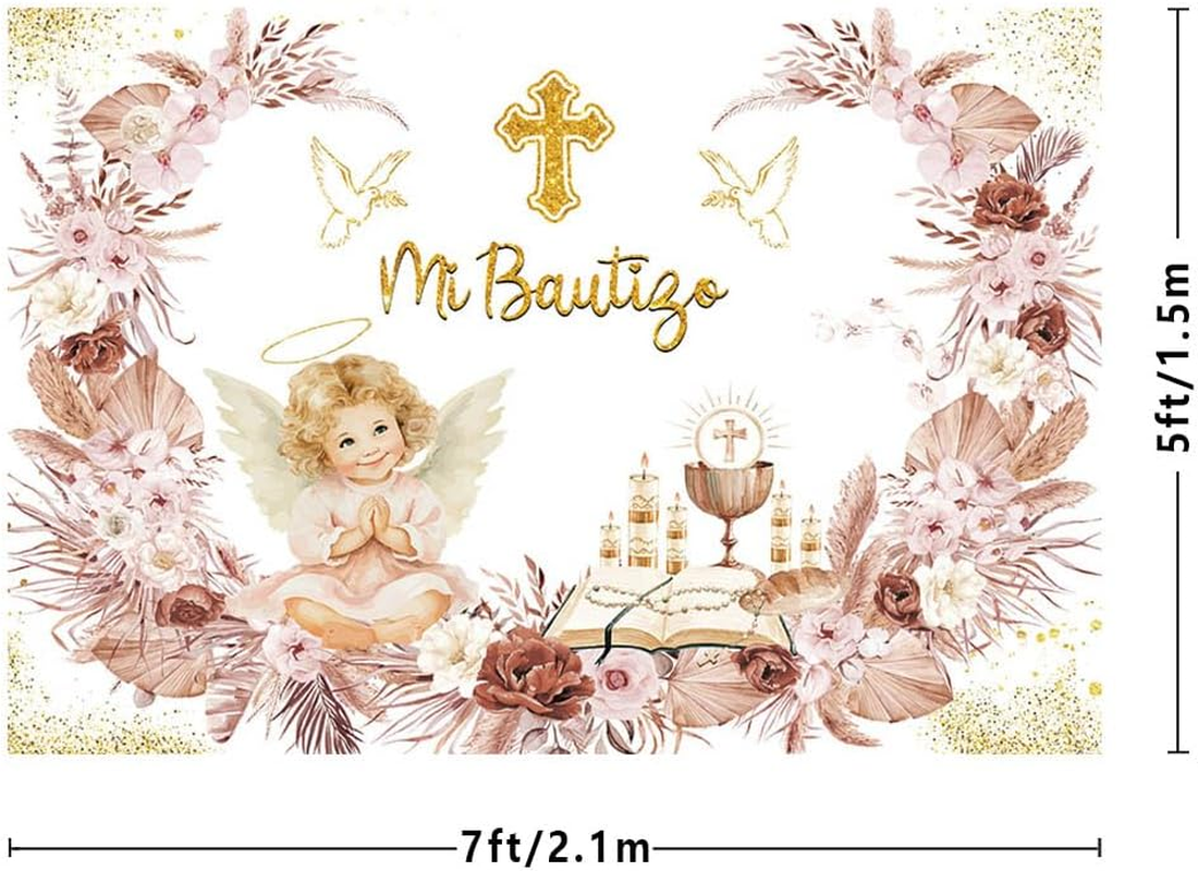 MEHOFOND 2.1 X 1.5 M Girls Christening Decoration Background Mi Bautigo Cross Bohemian Flower Photography Background First Communion Church Christening Party Decoration Banner Studio Supplies image number 4