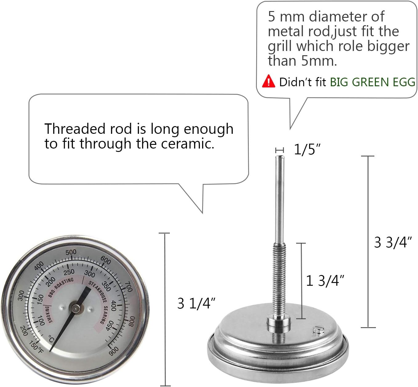 BBQ Temperature Gauge Waterproof Large Face for Kamado Joe Barbecue Charcoal Grill - Stainless Steel 150-900&deg;F Cooking Thermometer for Oven Wood Stove Accessories - Easy Setup