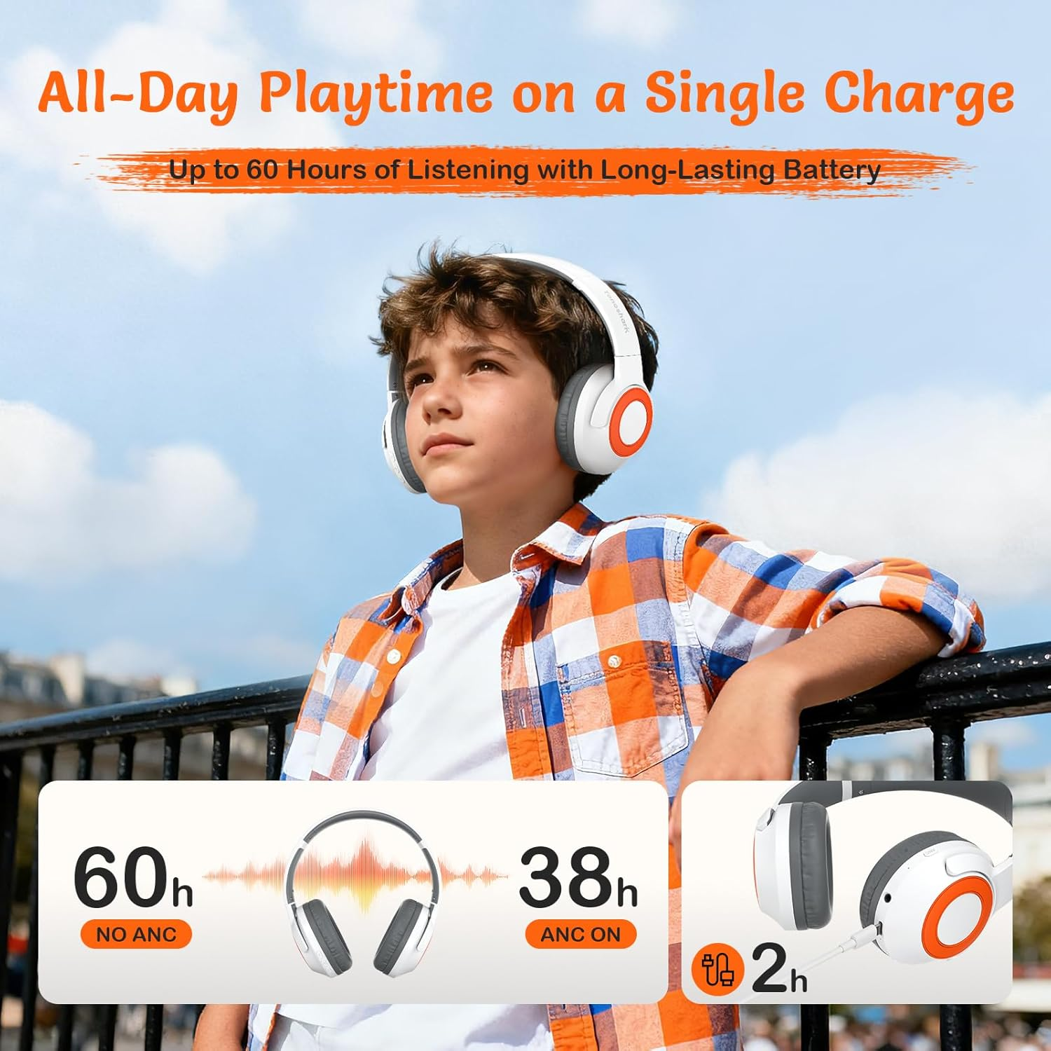 TONOSHARK Kids Headphones Wireless Lightweight, Active Noise Cancelling Headphones for Kids, 60H Playtime, Bluetooth Over-Ear Headset for Home/School/Travel - Includes Portable Case (White) image number 5