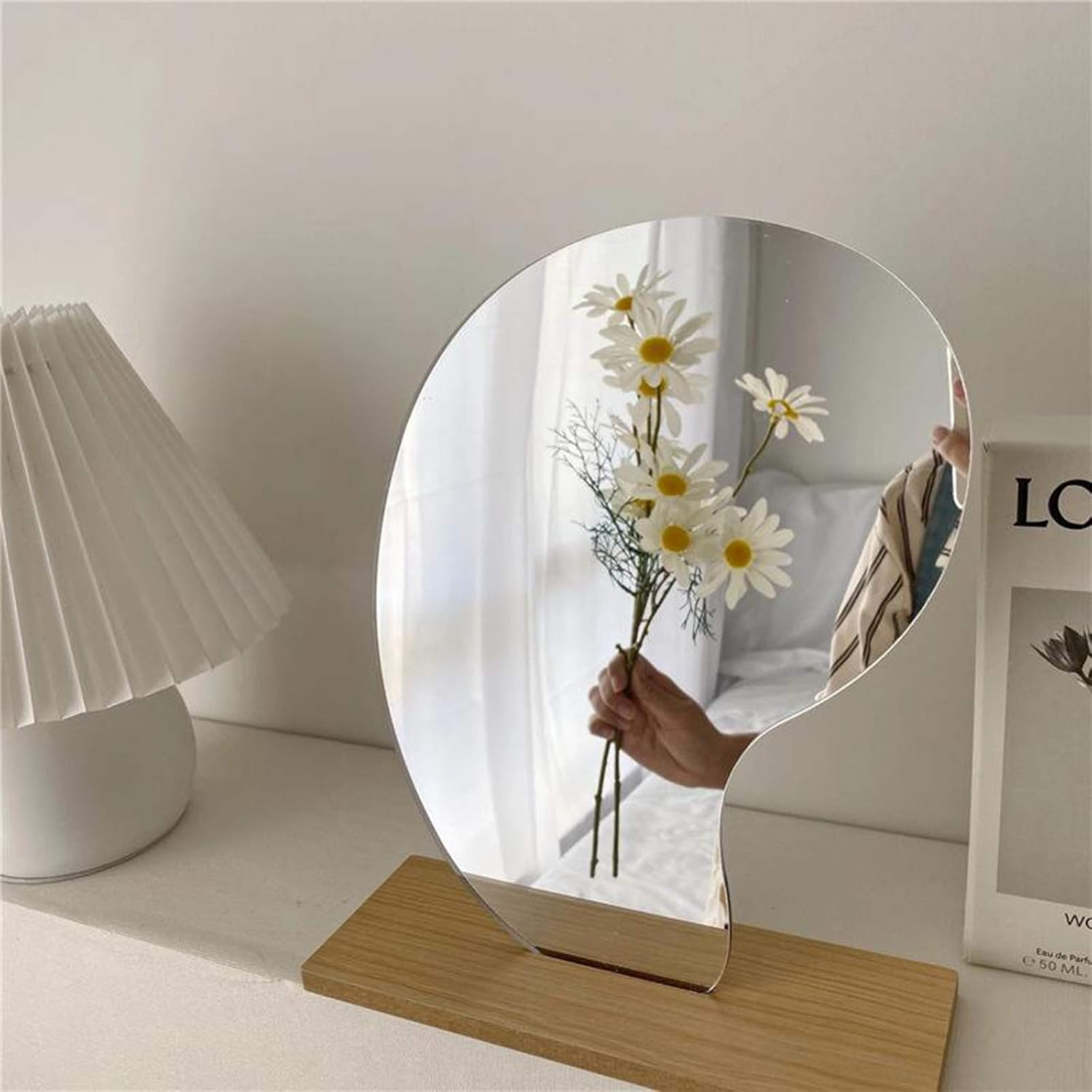 F Fityle Irregular Acrylic Makeup Mirror Korean Ins Style Simple Mirror with Wooden Base Vanity Mirror Desktop Beauty Mirror Shooting Props - 24X19Cm image number 5