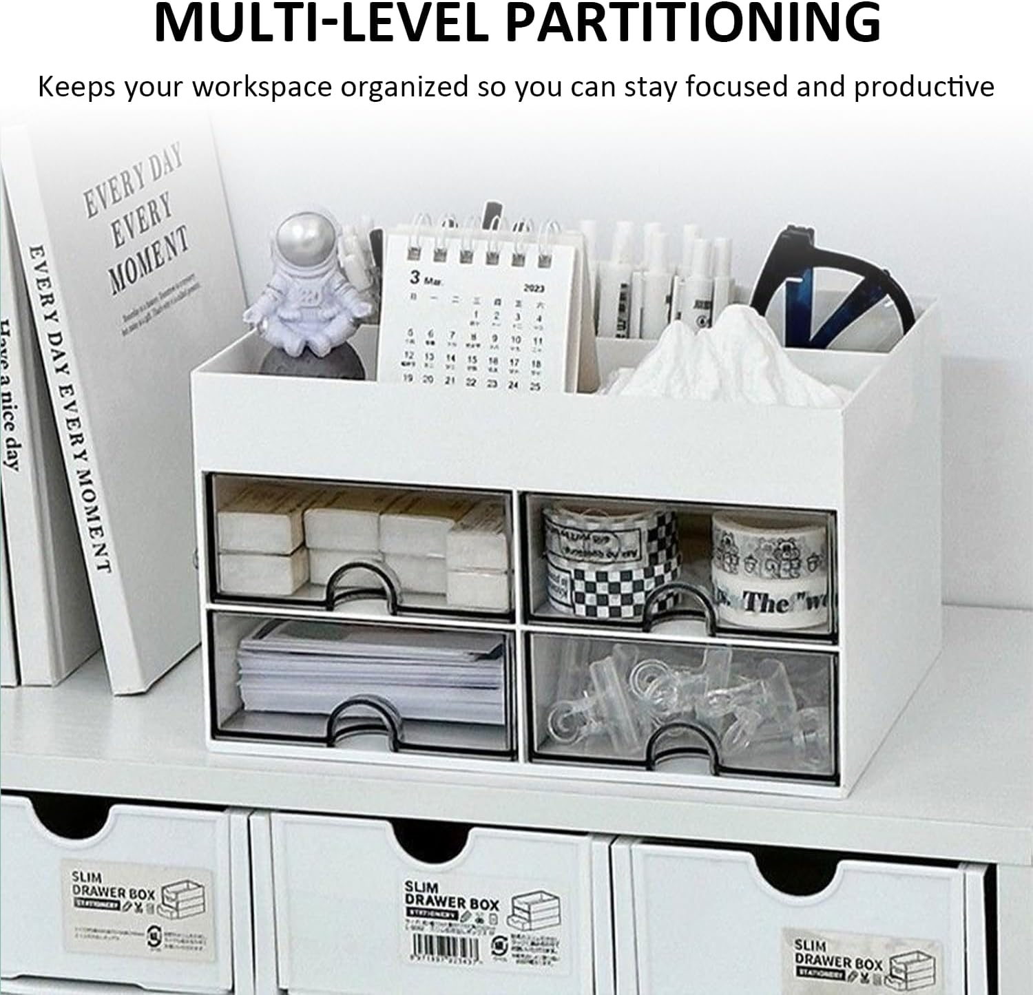 MEMOFYND 1 Piece Desk Organiser with 3 DIY Stickers, Desk Storage Drawer, Fixed Organiser, Desk Accessories, Drawer Organiser. image number 2