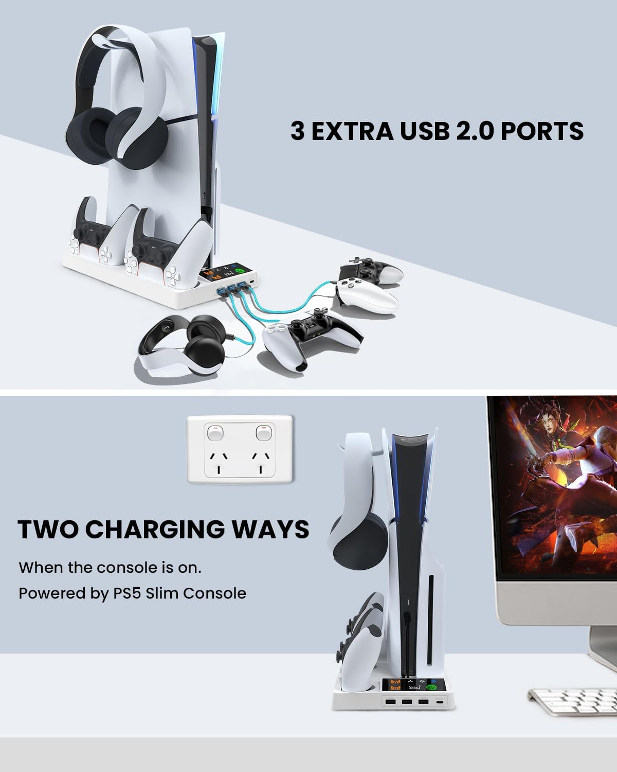 PS5 Slim/Pro Cooling Station Stand with Cooling Fan & Dual Controller Charger &ndash; Vertical Cooling Fan Base for PS5 Slim/Pro Disc & Digital, 3-Speed Adjustable, 3 USB Hub, Fast Charging image number 1