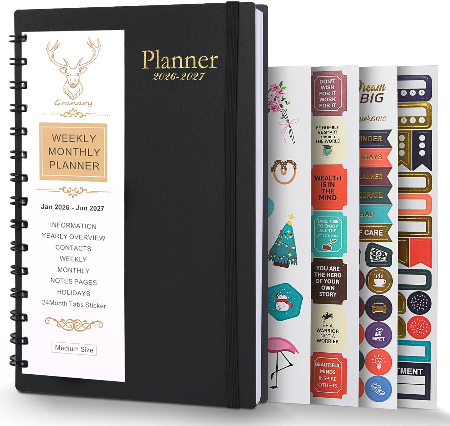 Monthly Weekly Daily Planner 2026-2027 with Stickers, Agenda Planner from January 2026-June 2027, 5.7'' X 8.2'' (Black)