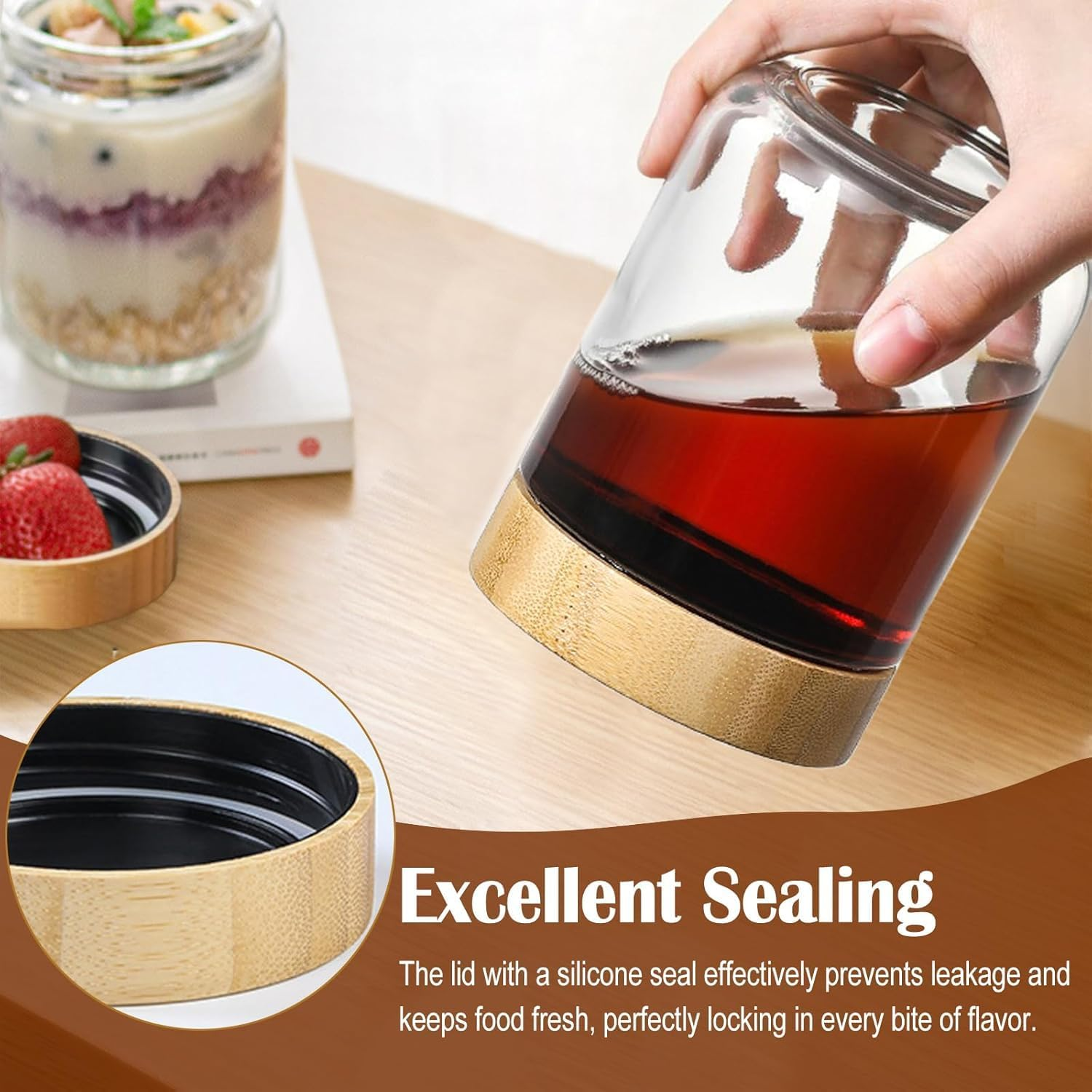 8 Pack 480Ml Glass Jars with Bamboo Lids and Spoon Pen Sticker Set, over Night Oats Glass Food Storage Containers Salad Jars for Food, Yogurt, Sugar and Flour, Coffee Bean, Cookie, Cereal